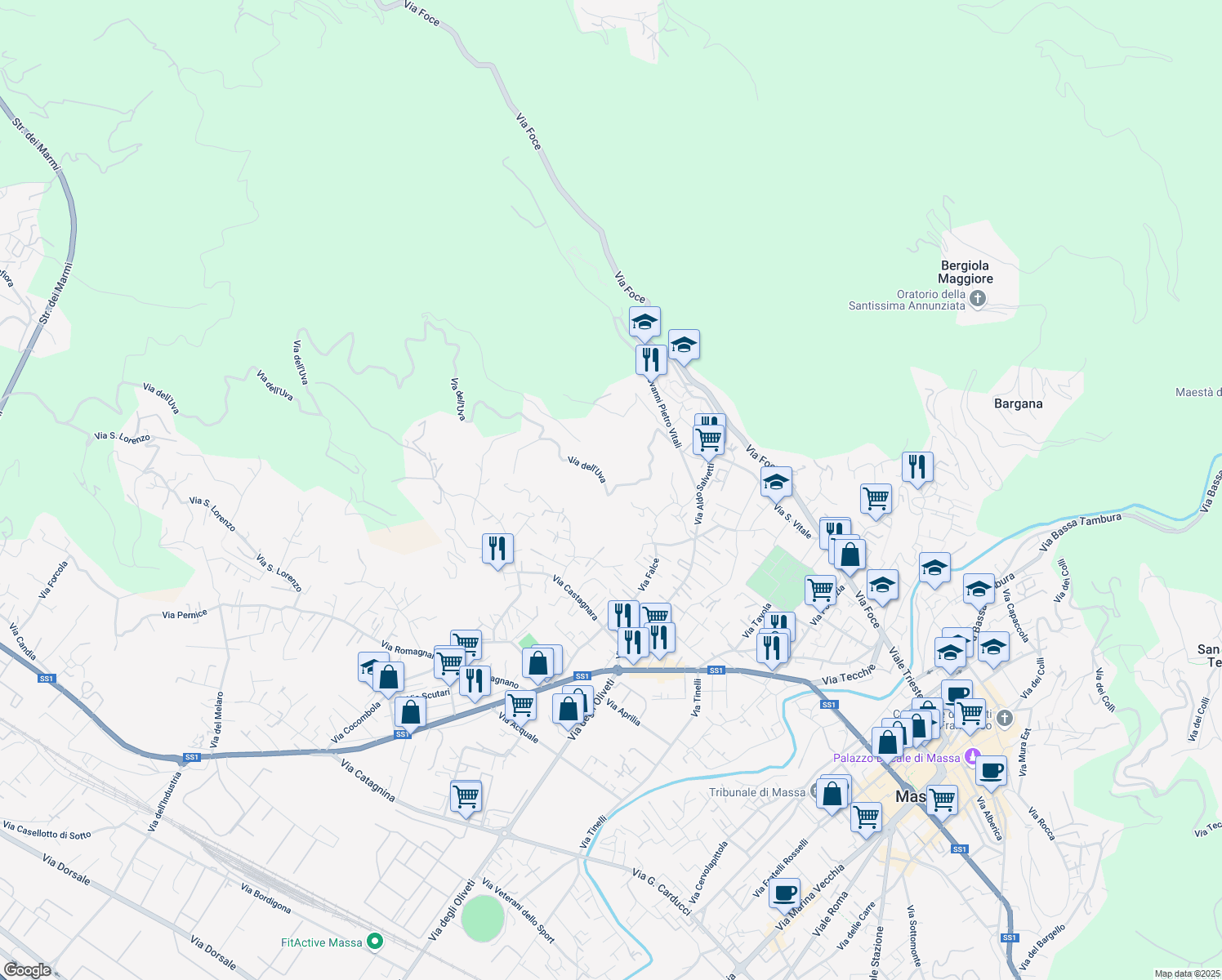 map of restaurants, bars, coffee shops, grocery stores, and more near 10 Via dell'Uva in Massa