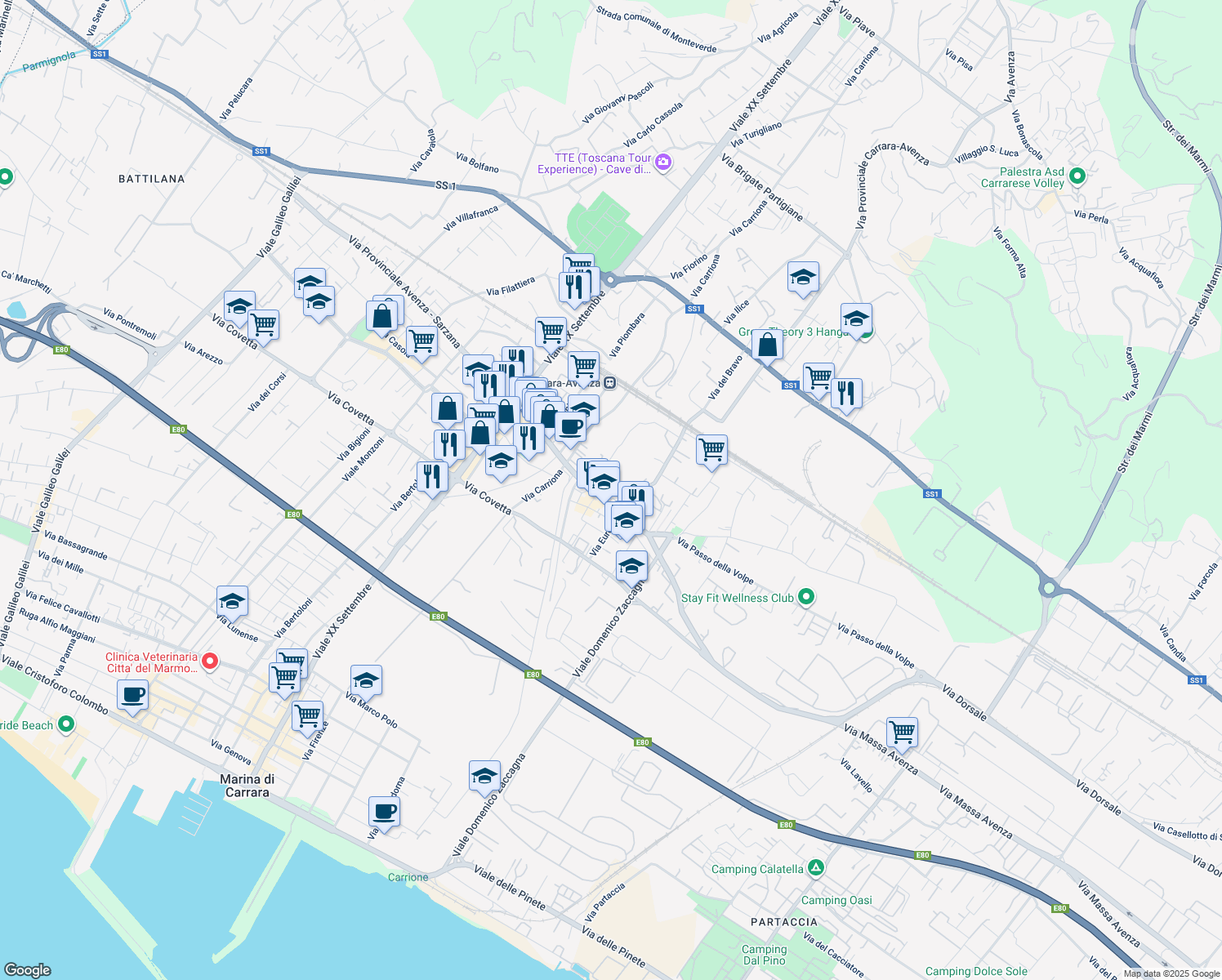 map of restaurants, bars, coffee shops, grocery stores, and more near Via Farini in Carrara