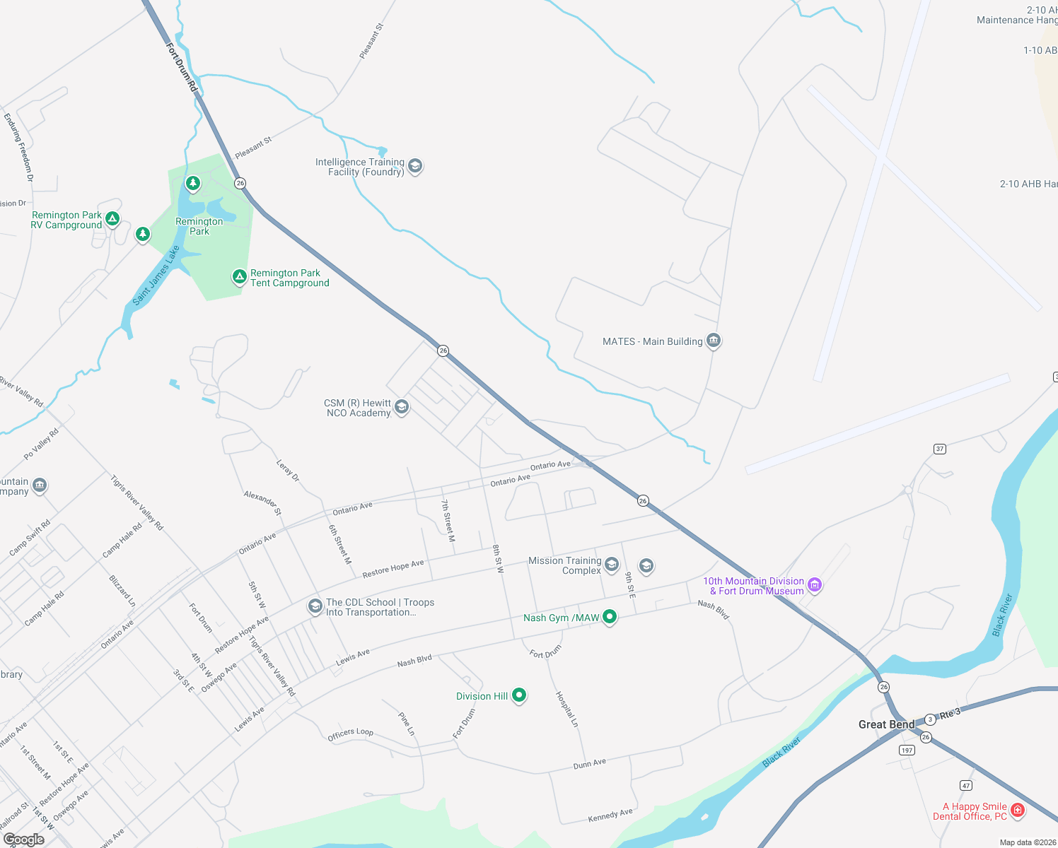 map of restaurants, bars, coffee shops, grocery stores, and more near Great Bend Road in Fort Drum