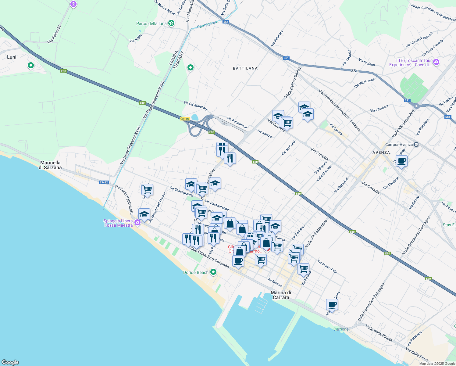 map of restaurants, bars, coffee shops, grocery stores, and more near 142 Via Tiro a Volo in Marina di Carrara