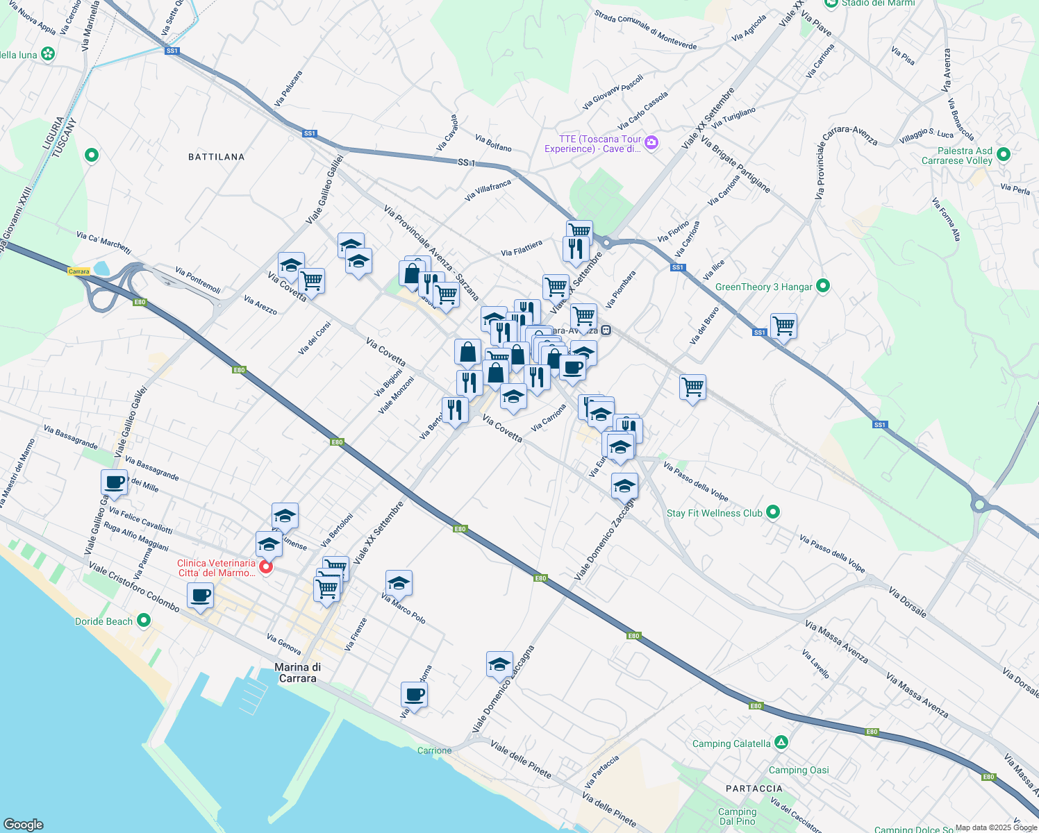 map of restaurants, bars, coffee shops, grocery stores, and more near 10 Via Marina in Carrara