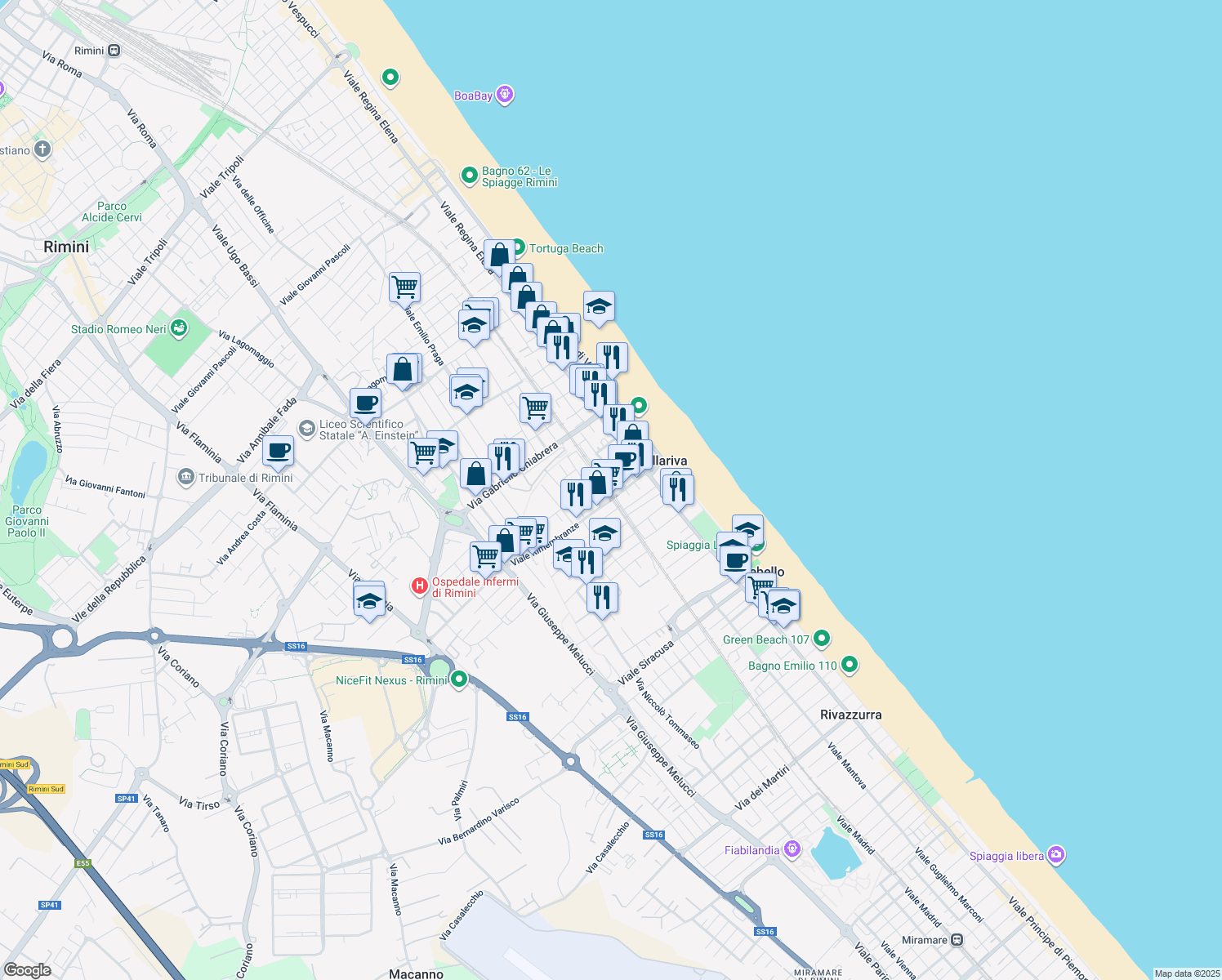 map of restaurants, bars, coffee shops, grocery stores, and more near 1 Viale Pesaro in Rimini