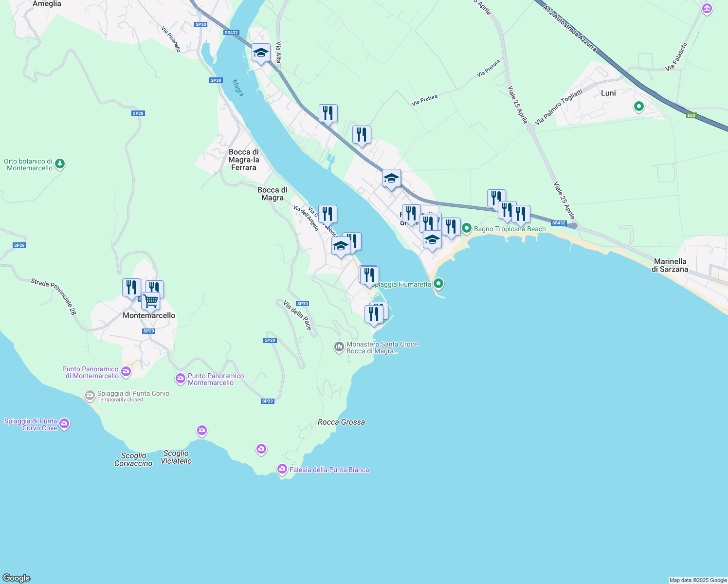 map of restaurants, bars, coffee shops, grocery stores, and more near Via Santa Croce in Bocca di Magra