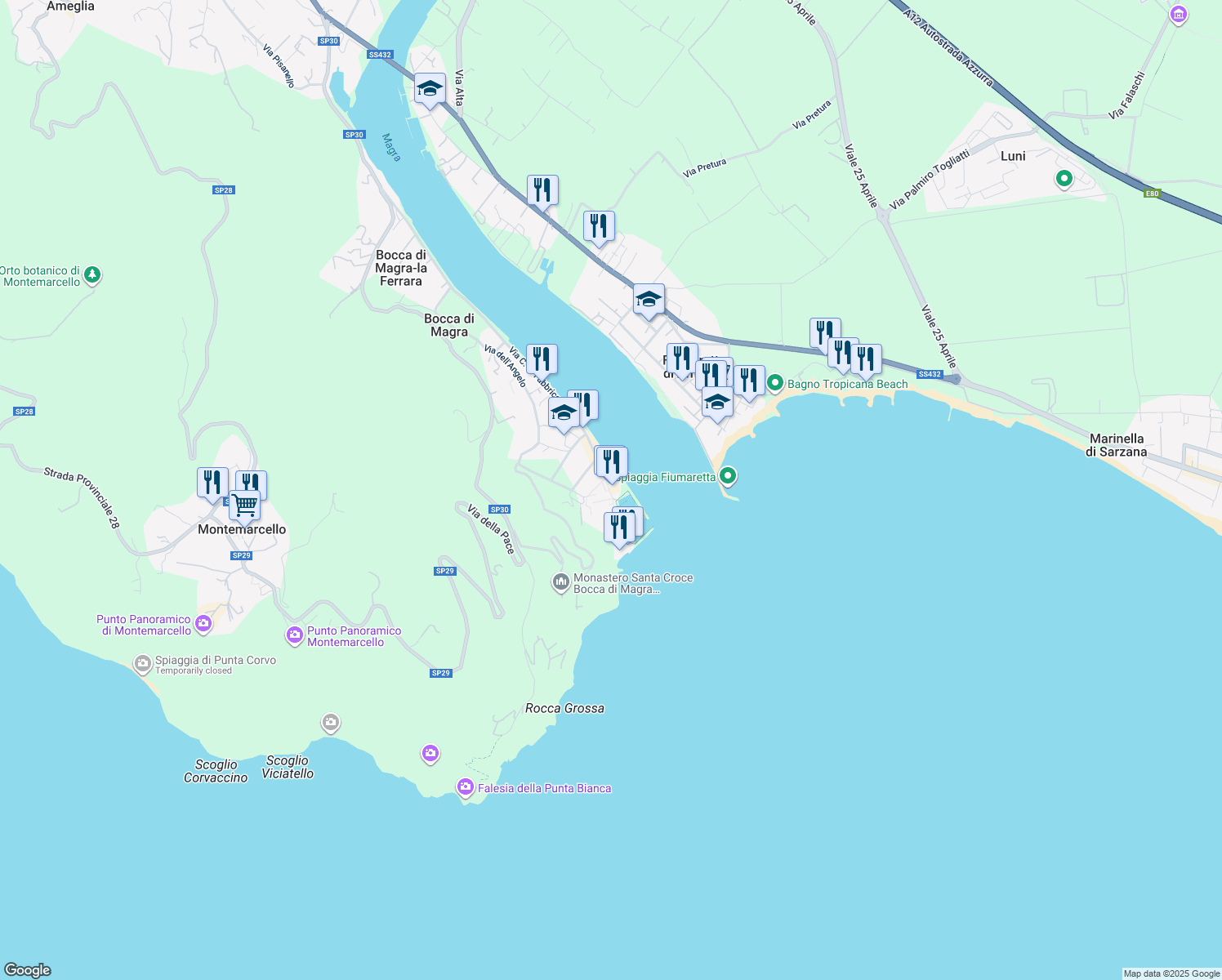 map of restaurants, bars, coffee shops, grocery stores, and more near 63 Via C. A. Fabbricotti in Bocca di Magra