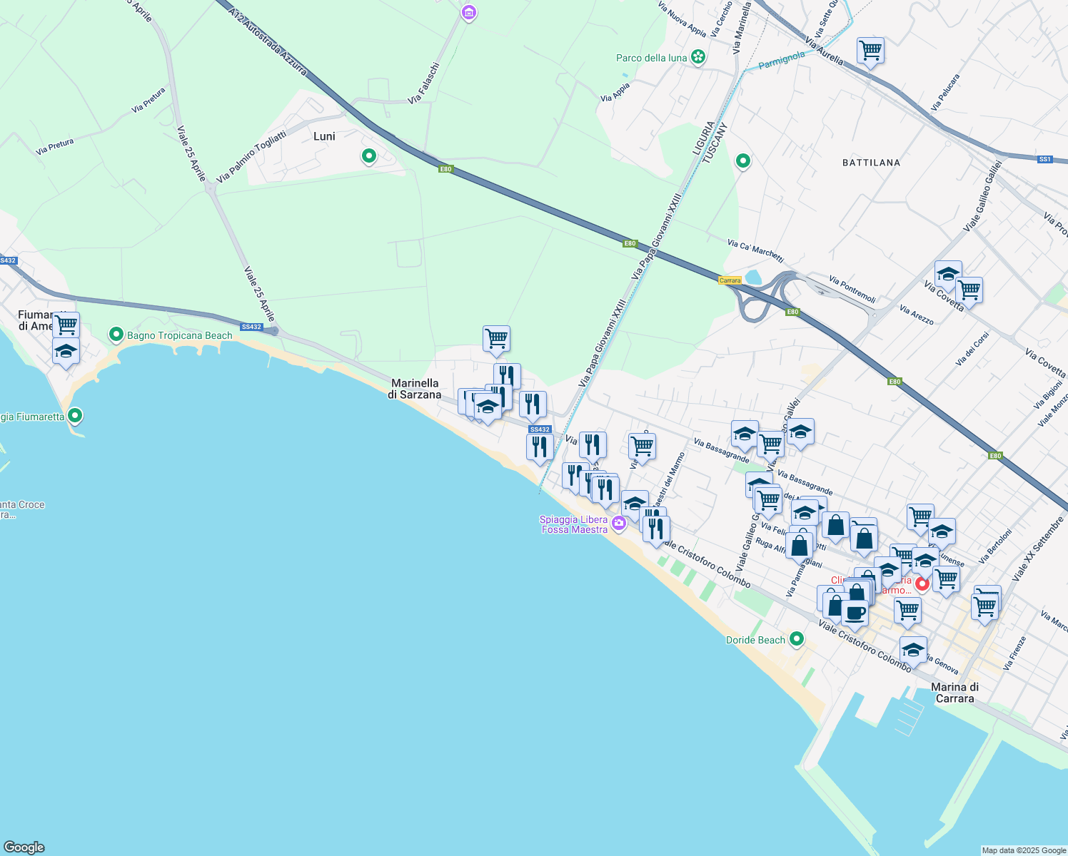 map of restaurants, bars, coffee shops, grocery stores, and more near 116 Viale Litoraneo in Marinella di Sarzana