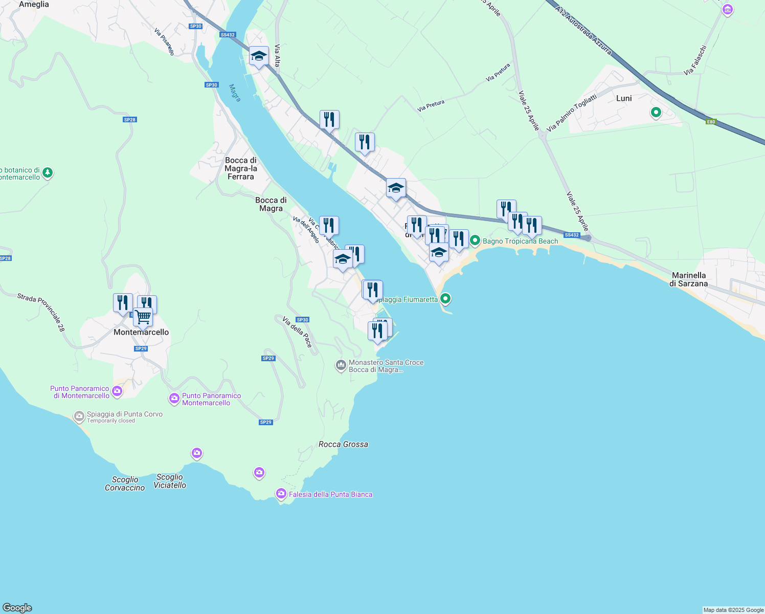 map of restaurants, bars, coffee shops, grocery stores, and more near 63 Via C. A. Fabbricotti in Bocca di Magra