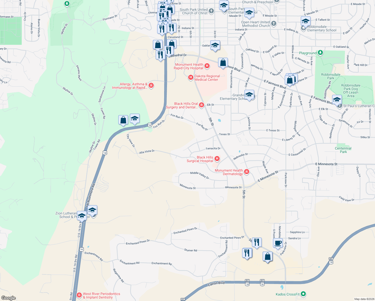 map of restaurants, bars, coffee shops, grocery stores, and more near 3839 La Salva Dr in Rapid City
