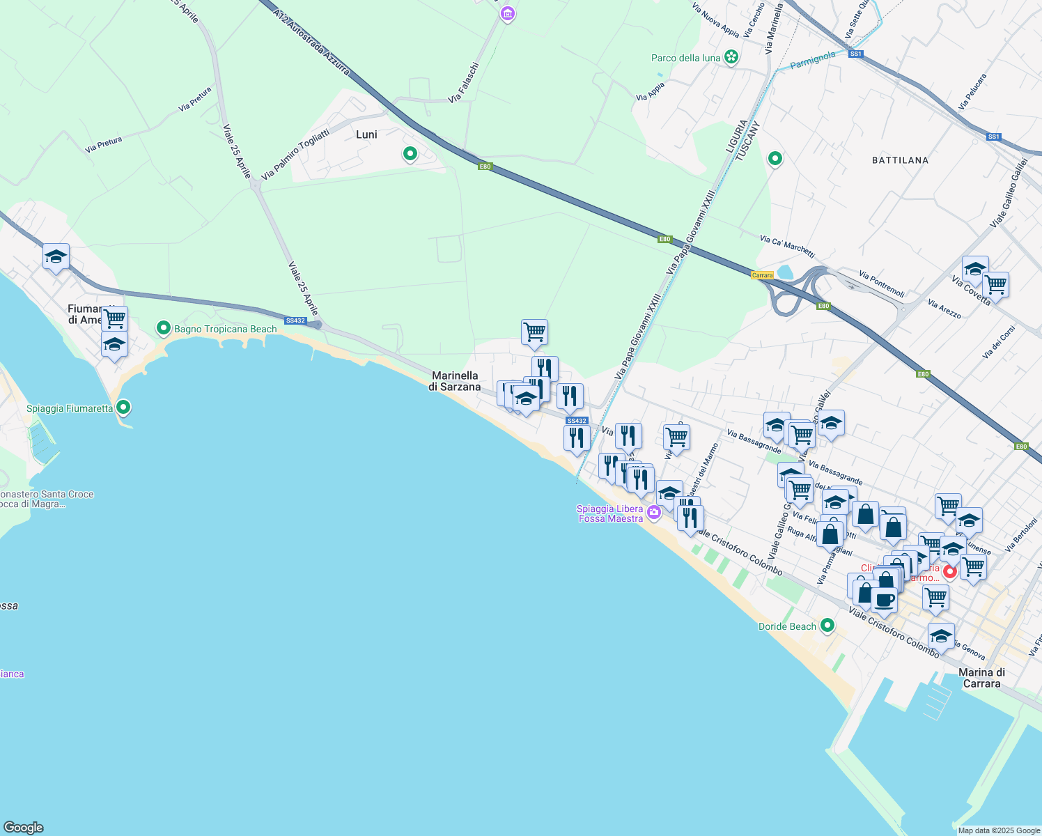 map of restaurants, bars, coffee shops, grocery stores, and more near 88 Viale John Fitzgerald Kennedy in Marinella di Sarzana