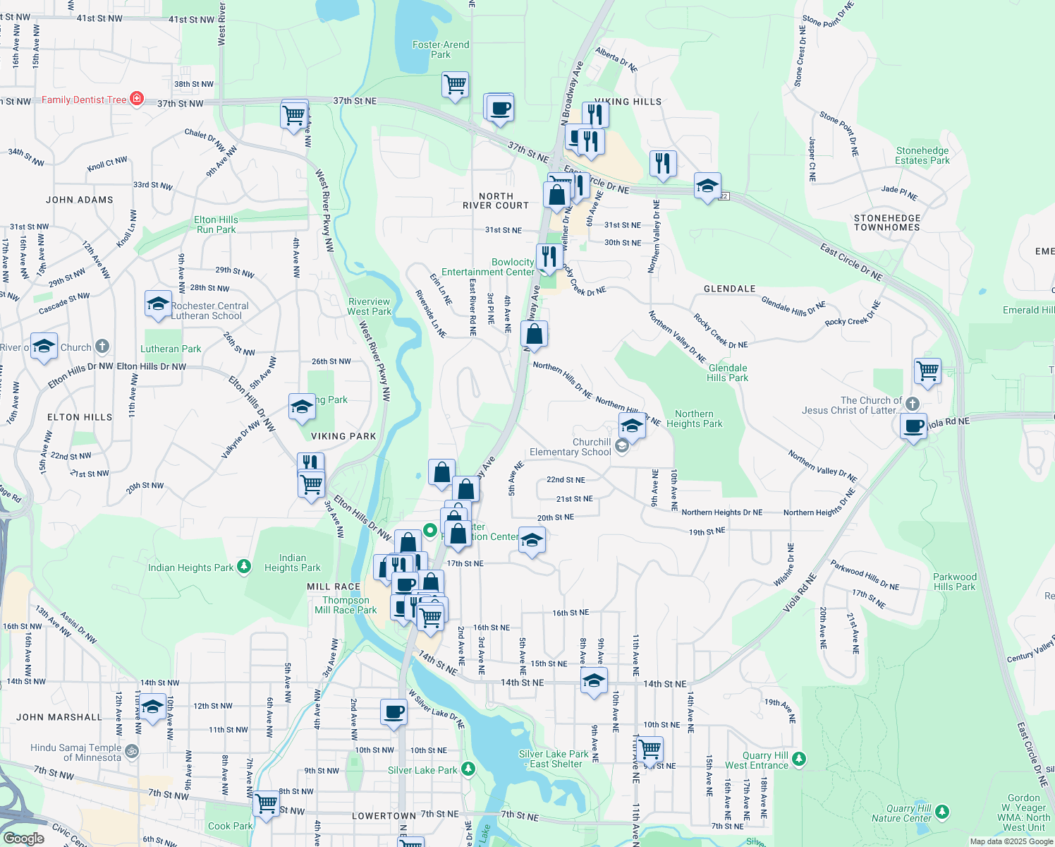 map of restaurants, bars, coffee shops, grocery stores, and more near 427 Northern Heights Drive Northeast in Rochester