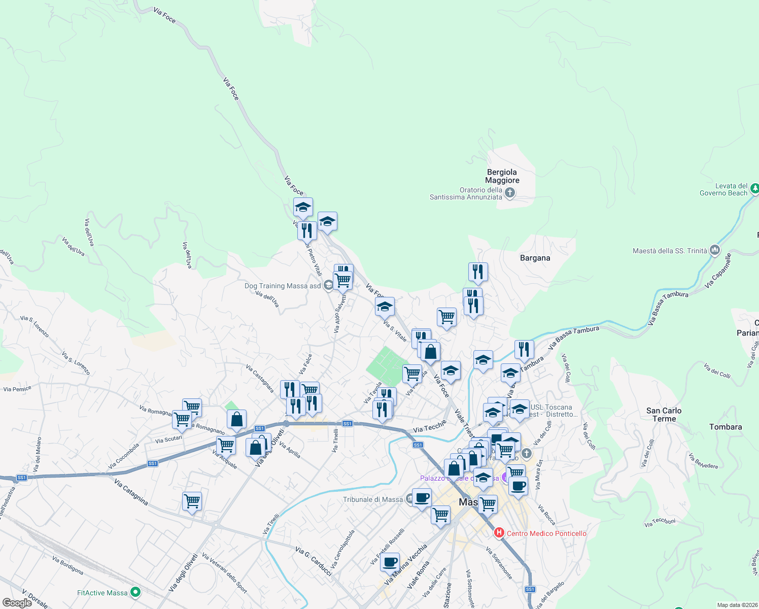 map of restaurants, bars, coffee shops, grocery stores, and more near 34 Via San Vitale in Massa