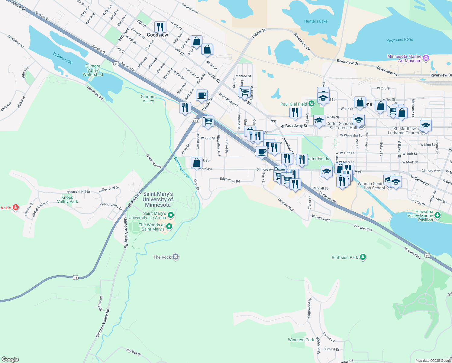 map of restaurants, bars, coffee shops, grocery stores, and more near 1781 Edgewood Road in Winona