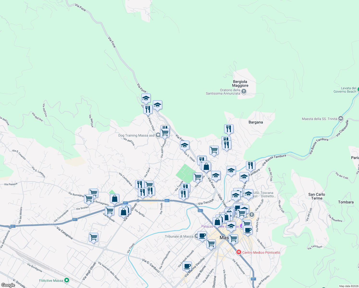 map of restaurants, bars, coffee shops, grocery stores, and more near 34 Via San Vitale in Massa