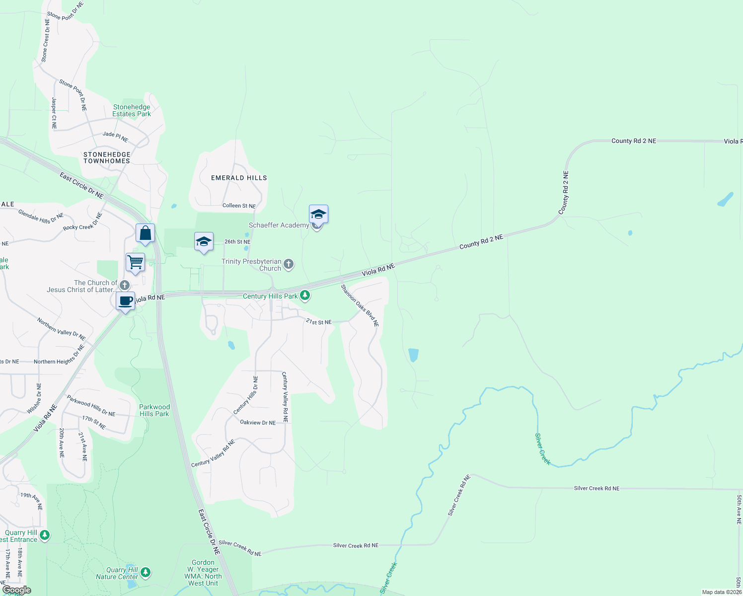 map of restaurants, bars, coffee shops, grocery stores, and more near 3411 Tralee Lane Northeast in Rochester