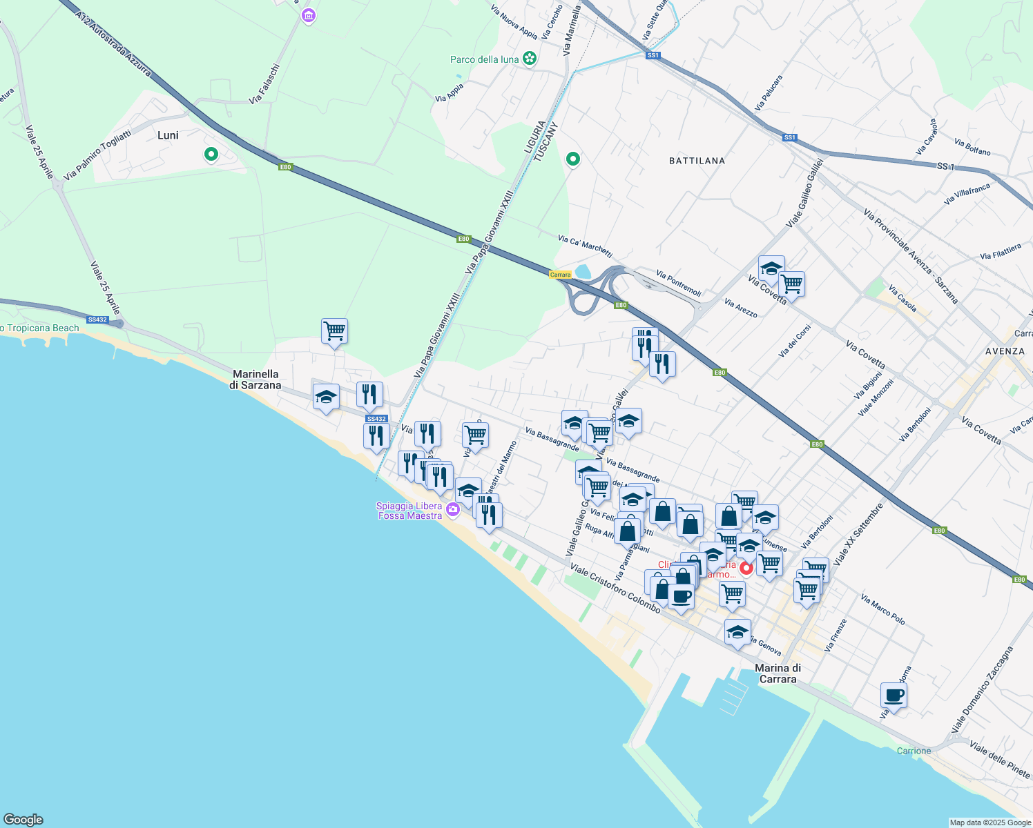 map of restaurants, bars, coffee shops, grocery stores, and more near 102 Via Bassagrande in Marina di Carrara