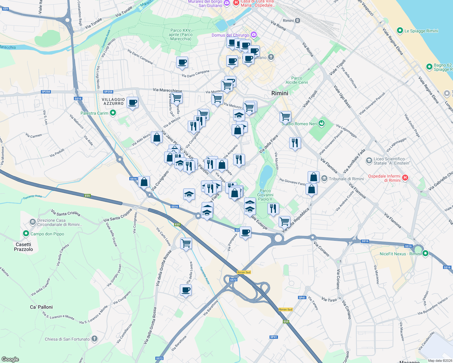 map of restaurants, bars, coffee shops, grocery stores, and more near 79 Via della Fiera in Rimini