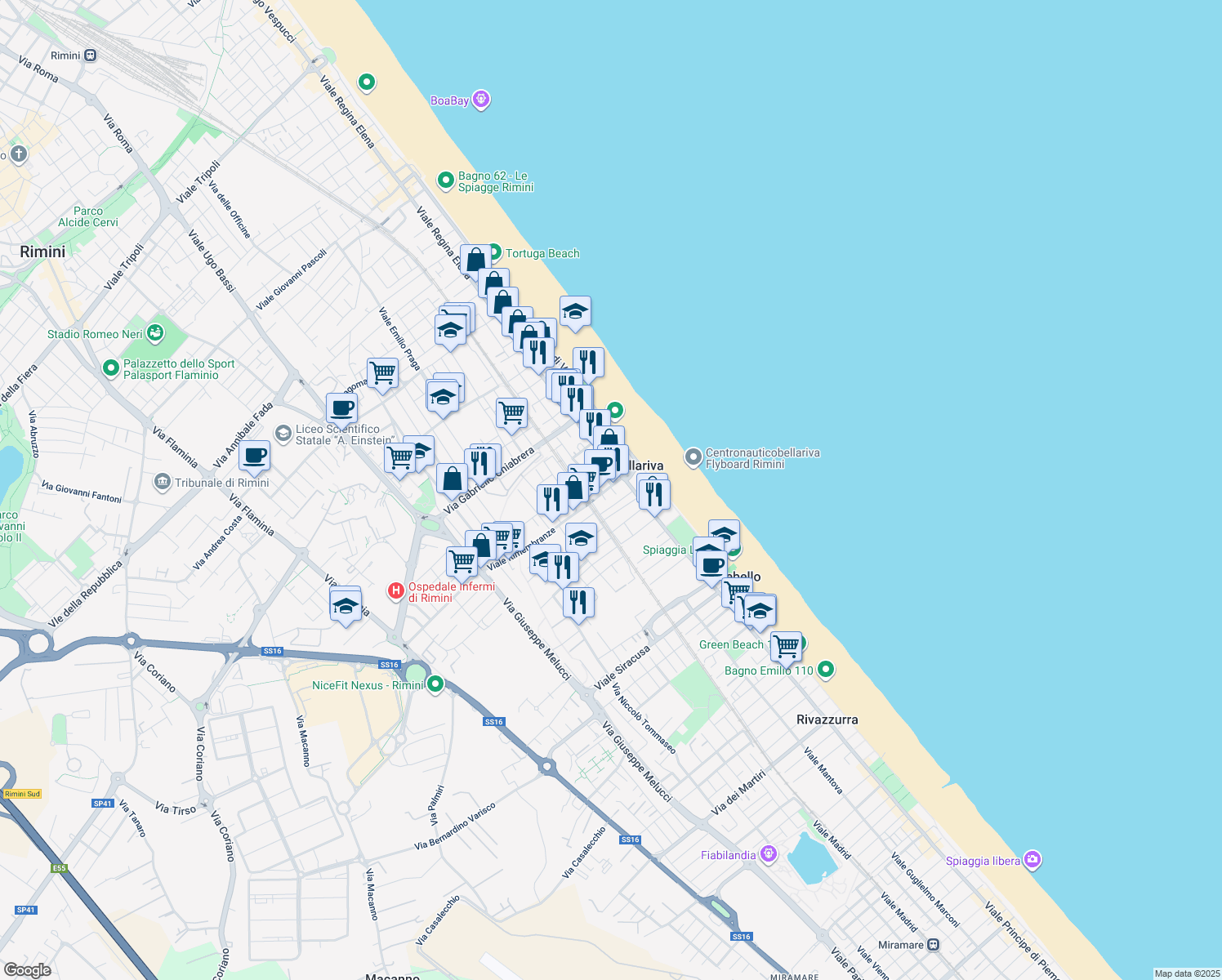 map of restaurants, bars, coffee shops, grocery stores, and more near 2 Via Briga in Rimini