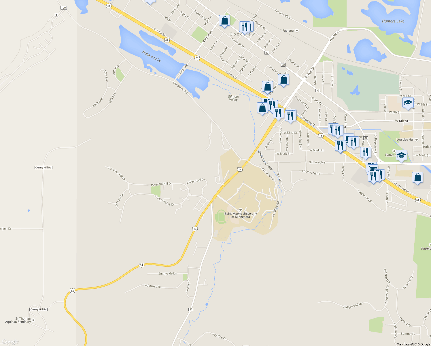 map of restaurants, bars, coffee shops, grocery stores, and more near 133 Whispering Lane in Winona