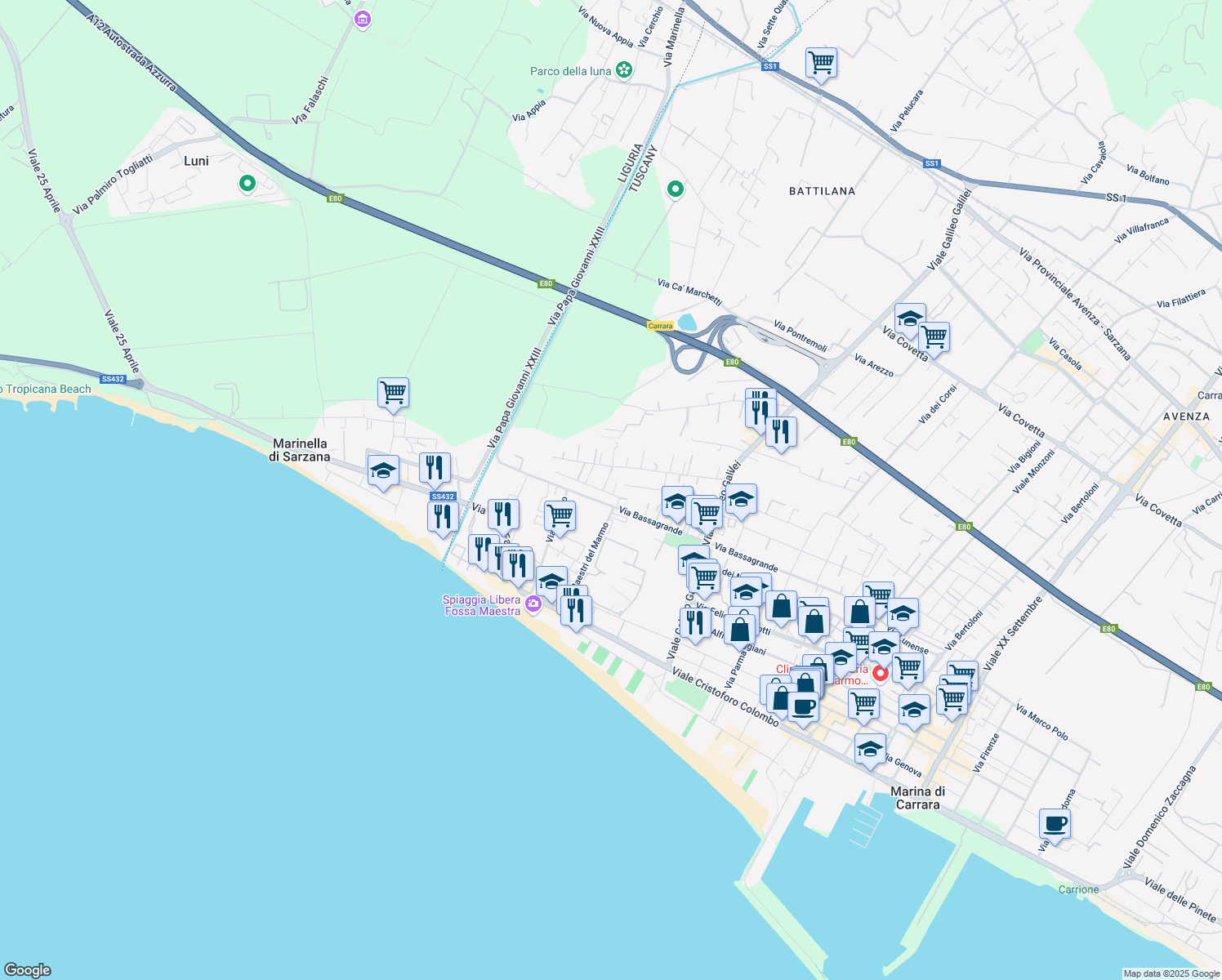 map of restaurants, bars, coffee shops, grocery stores, and more near 102 Via Bassagrande in Marina di Carrara