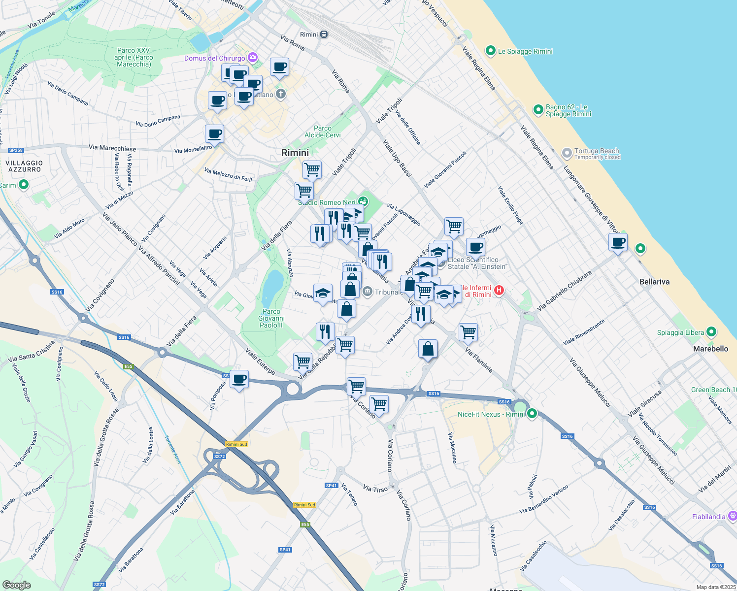map of restaurants, bars, coffee shops, grocery stores, and more near Via Licio Giorgieri in Rimini