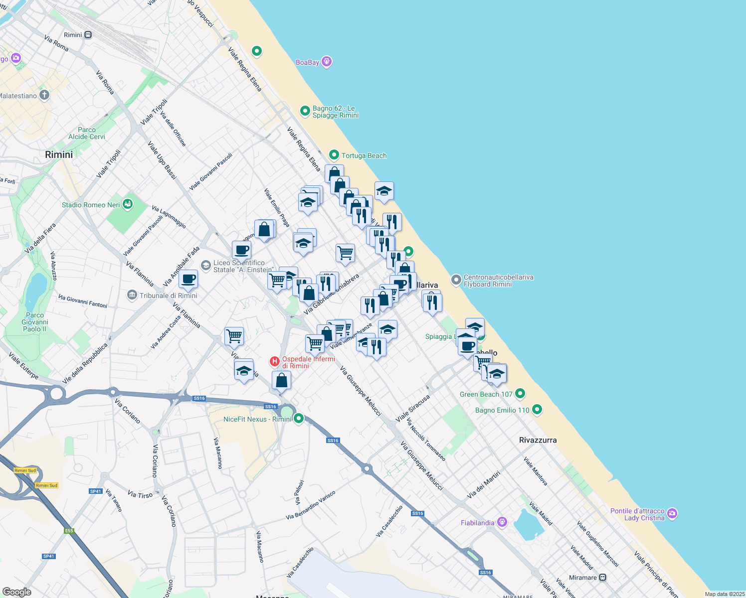 map of restaurants, bars, coffee shops, grocery stores, and more near 4 Via Achille Torelli in Rimini