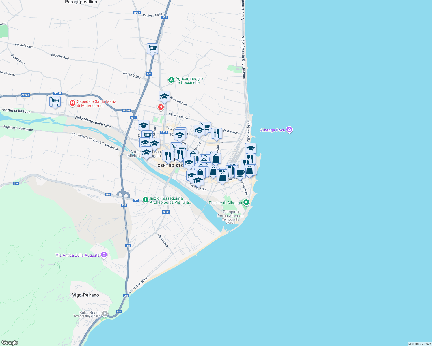map of restaurants, bars, coffee shops, grocery stores, and more near 37 Via dei Mille in Albenga