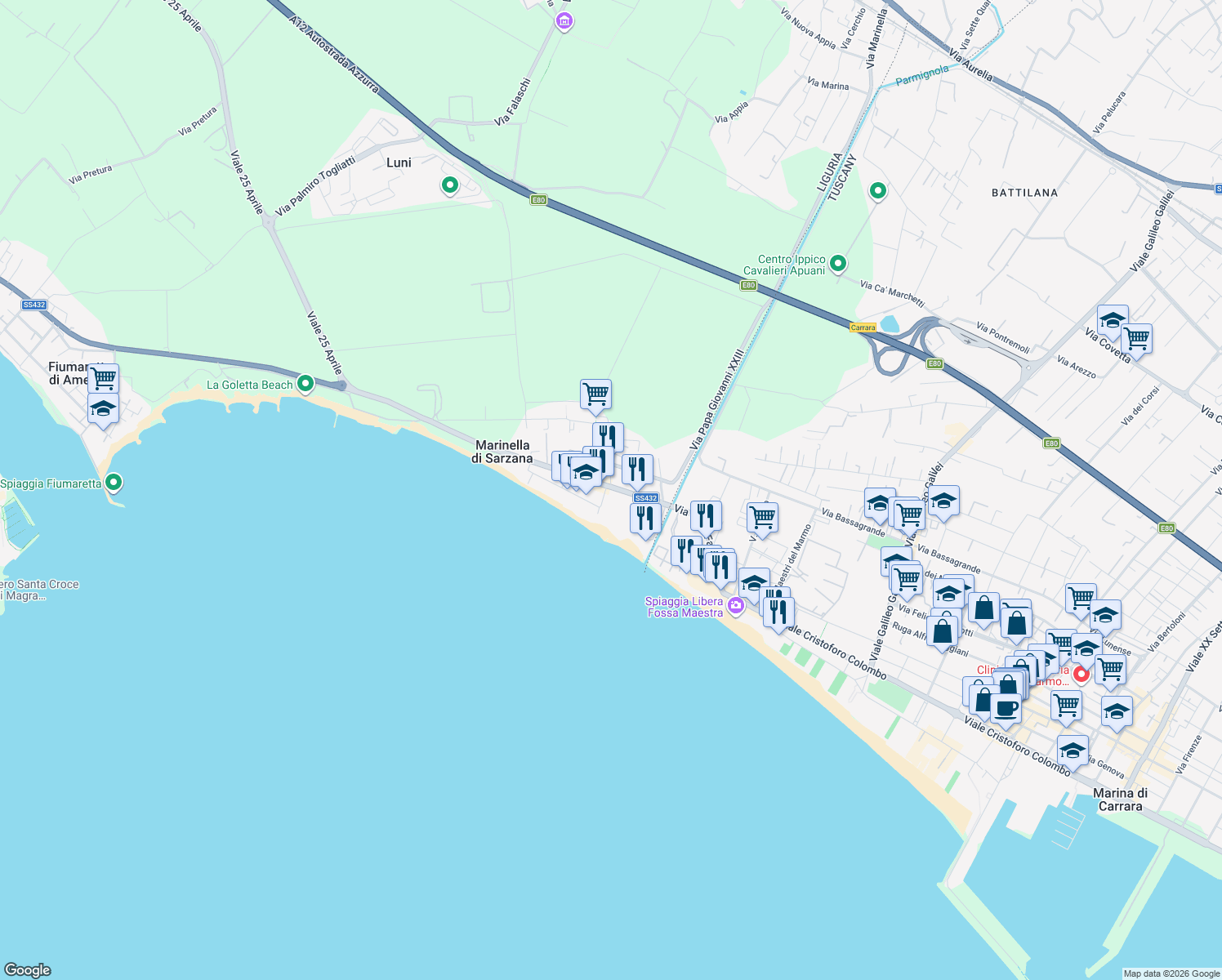 map of restaurants, bars, coffee shops, grocery stores, and more near 19 Via Parma in Marinella di Sarzana