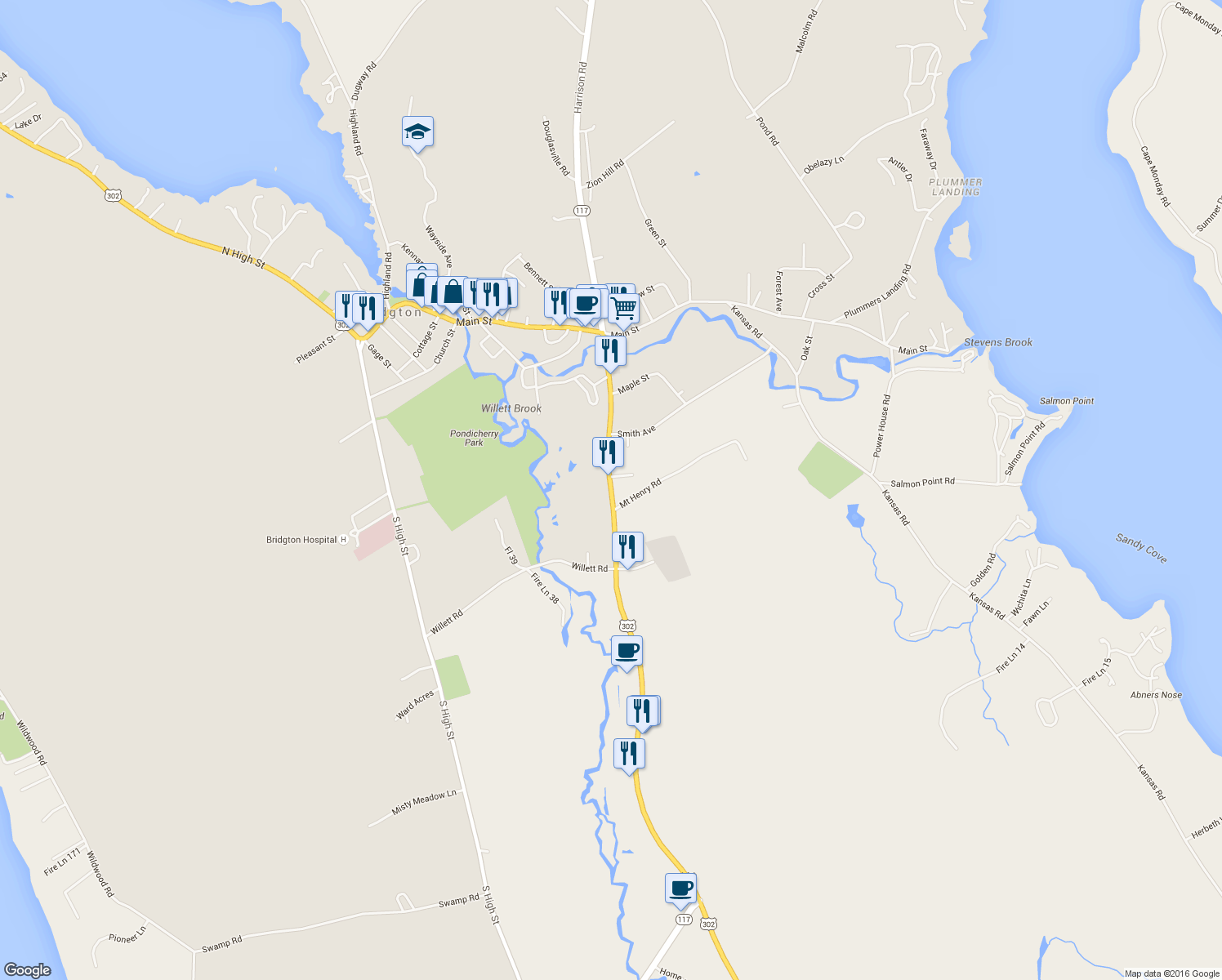 map of restaurants, bars, coffee shops, grocery stores, and more near 300 Portland Road in Bridgton