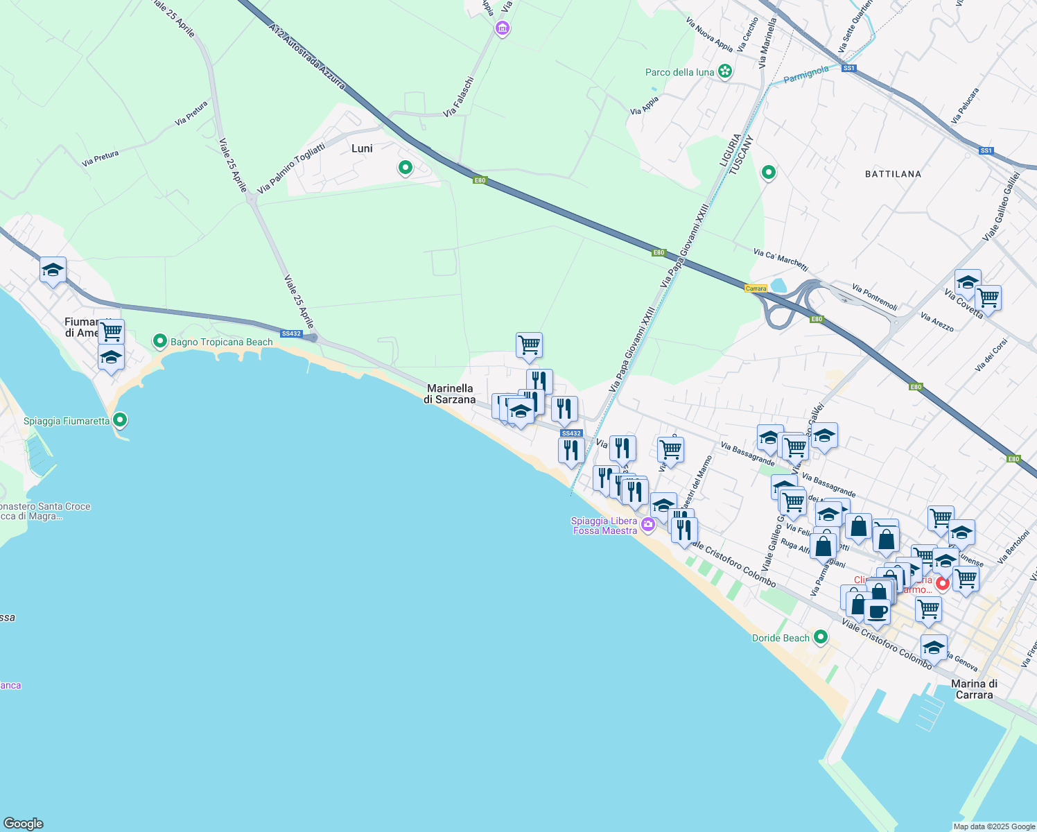 map of restaurants, bars, coffee shops, grocery stores, and more near 88 Viale John Fitzgerald Kennedy in Marinella di Sarzana