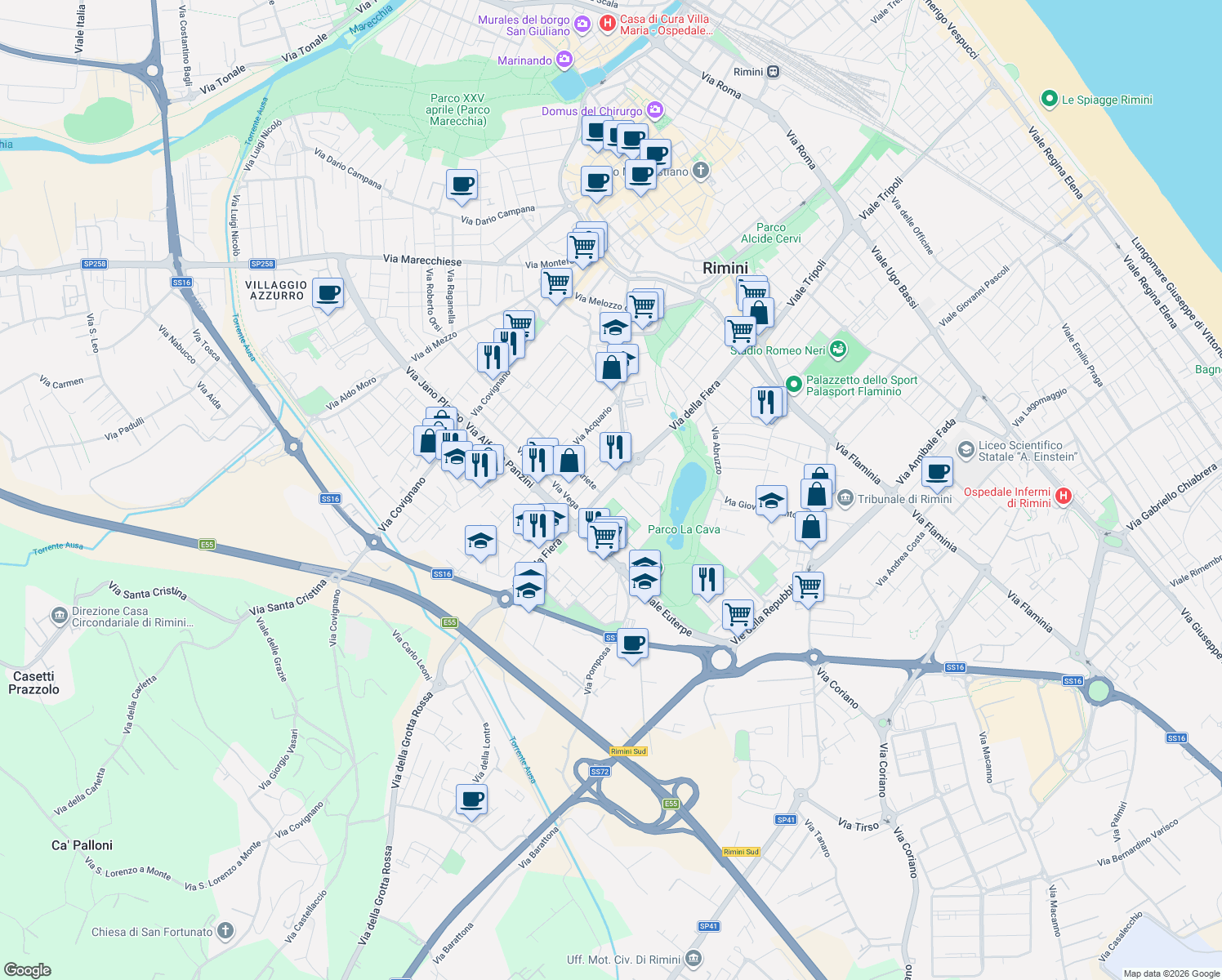 map of restaurants, bars, coffee shops, grocery stores, and more near 72 Via della Fiera in Rimini