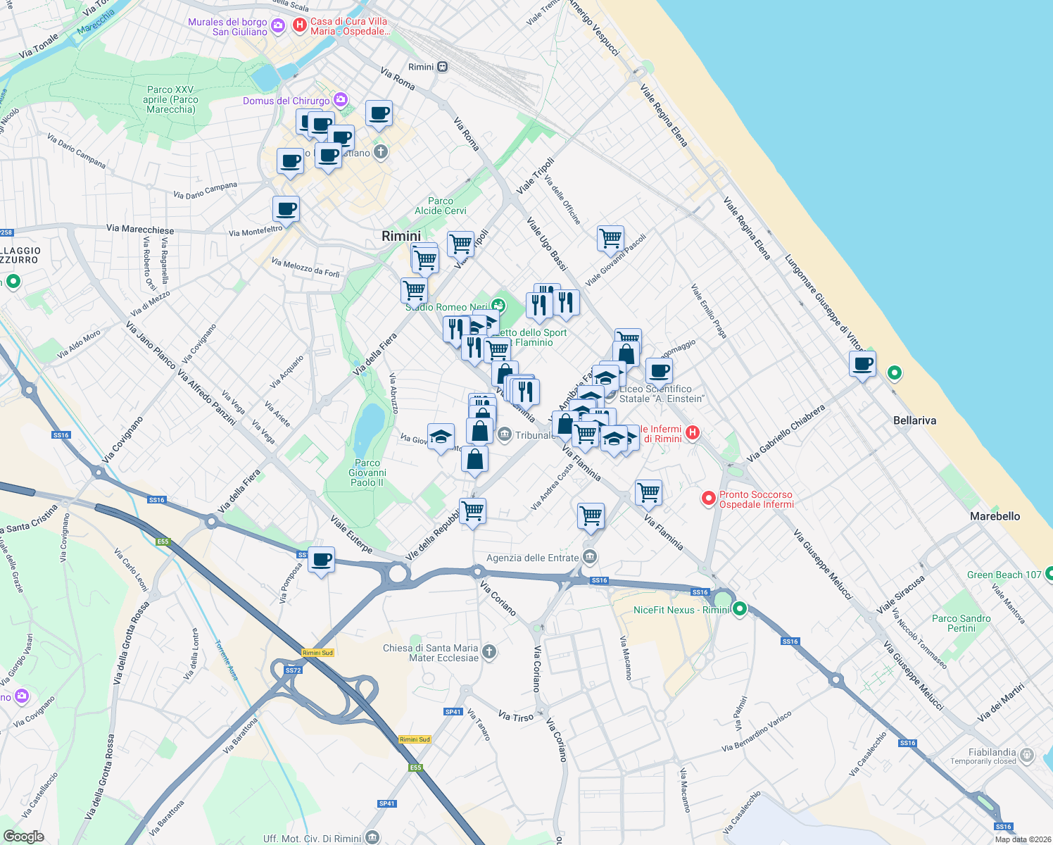 map of restaurants, bars, coffee shops, grocery stores, and more near 66 Via Flaminia in Rimini