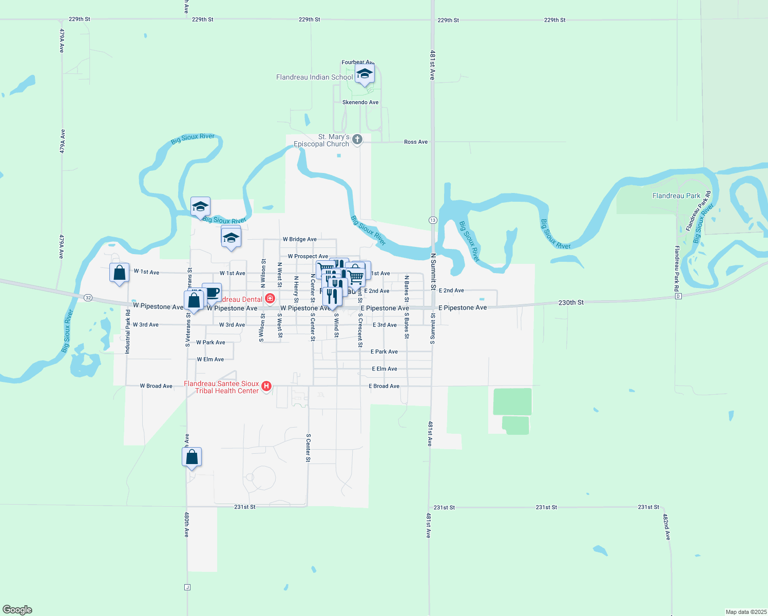 map of restaurants, bars, coffee shops, grocery stores, and more near 101 North Prairie Street in Flandreau