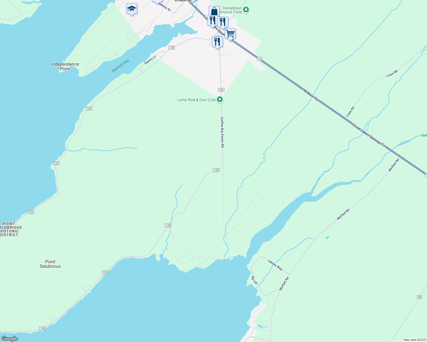 map of restaurants, bars, coffee shops, grocery stores, and more near 9578 County Road 125 in Chaumont