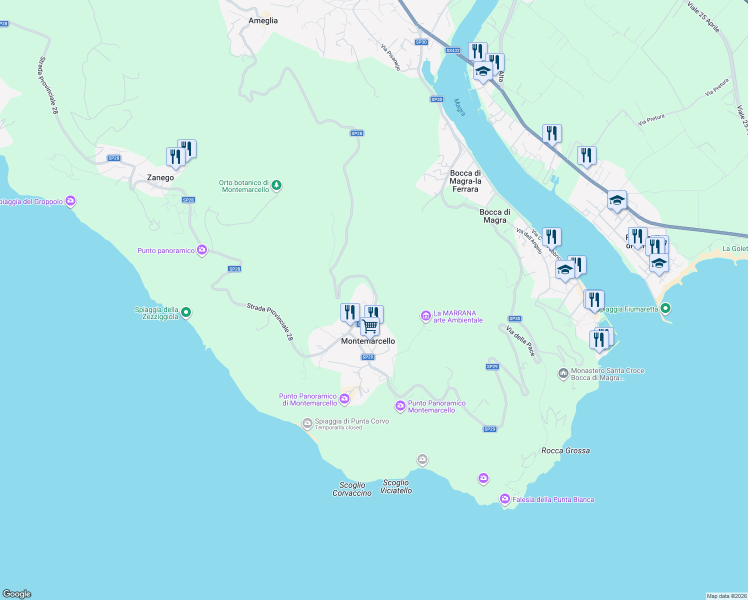 map of restaurants, bars, coffee shops, grocery stores, and more near 2A Via Nuova in Montemarcello