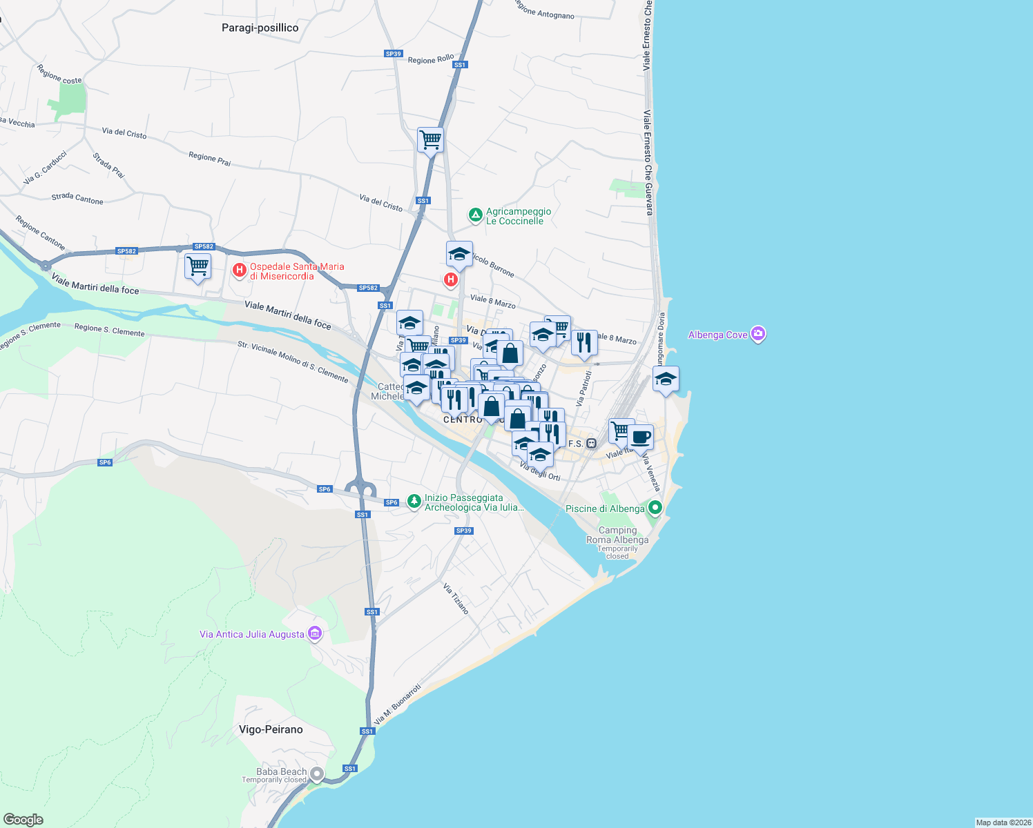 map of restaurants, bars, coffee shops, grocery stores, and more near 37 Via dei Mille in Albenga