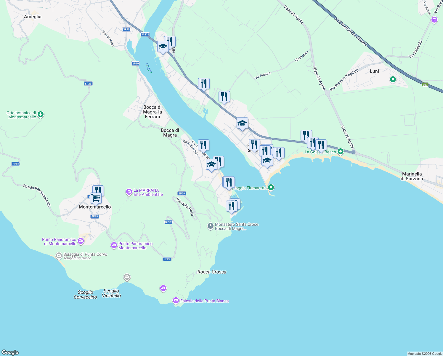 map of restaurants, bars, coffee shops, grocery stores, and more near 194 Via C. A. Fabbricotti in Bocca di Magra