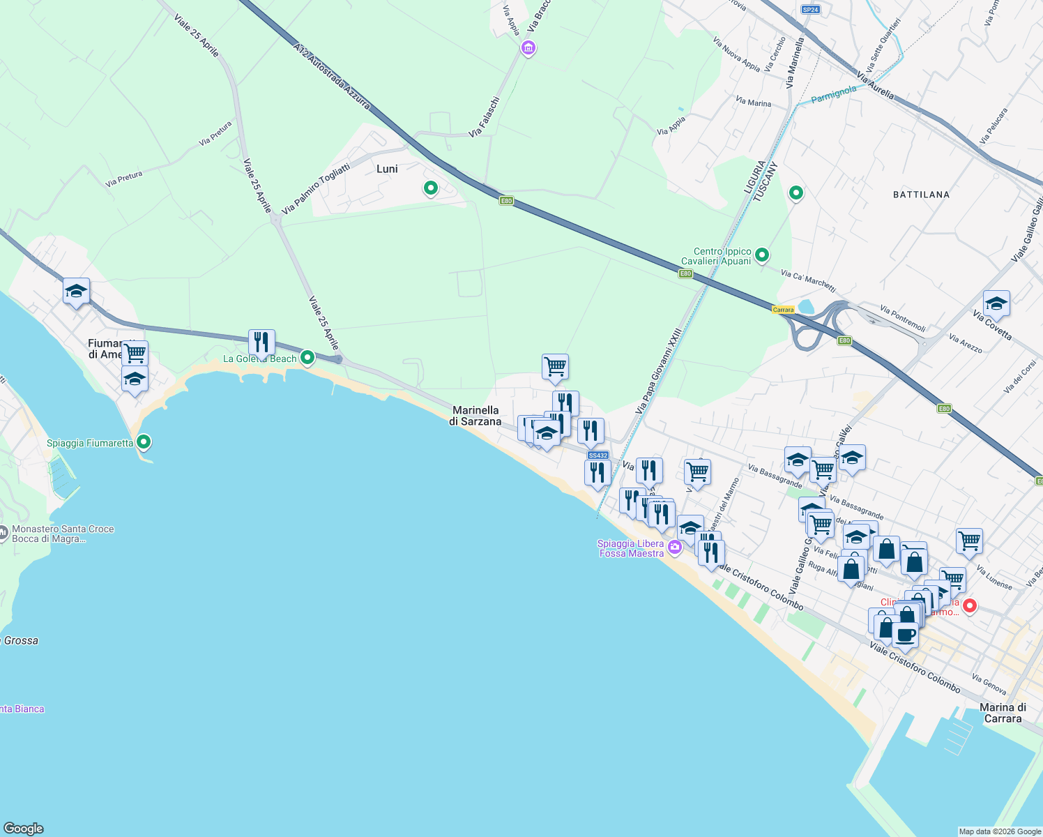 map of restaurants, bars, coffee shops, grocery stores, and more near SS432 in Marinella di Sarzana