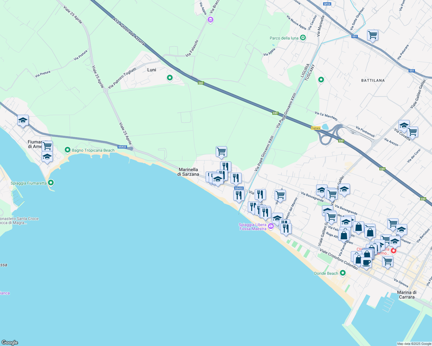 map of restaurants, bars, coffee shops, grocery stores, and more near 2 Via Papa Giovanni XXIII in Marinella di Sarzana