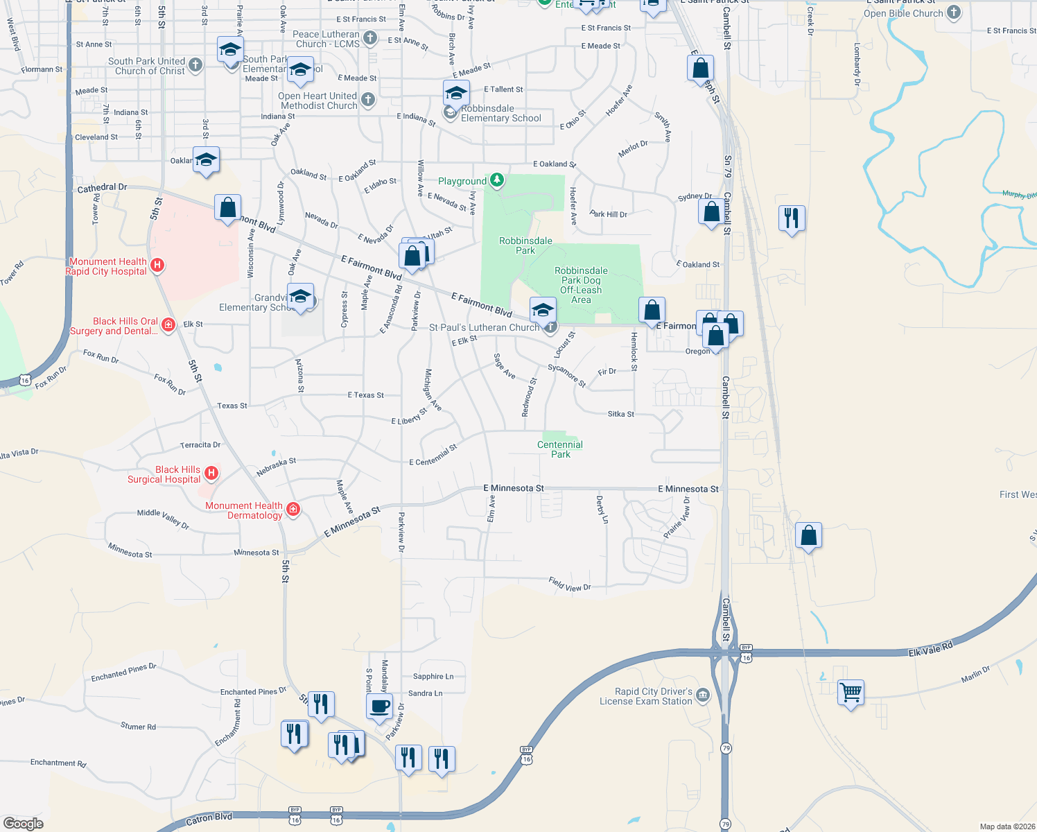 map of restaurants, bars, coffee shops, grocery stores, and more near 3713 Redwood St in Rapid City