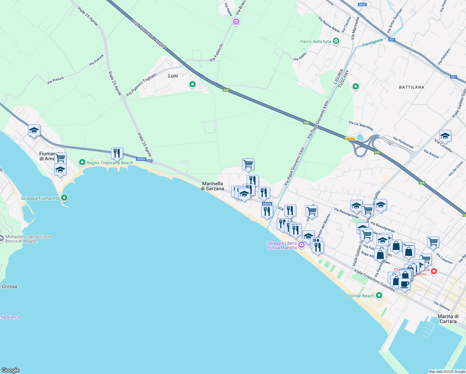map of restaurants, bars, coffee shops, grocery stores, and more near SS432 in Marinella di Sarzana