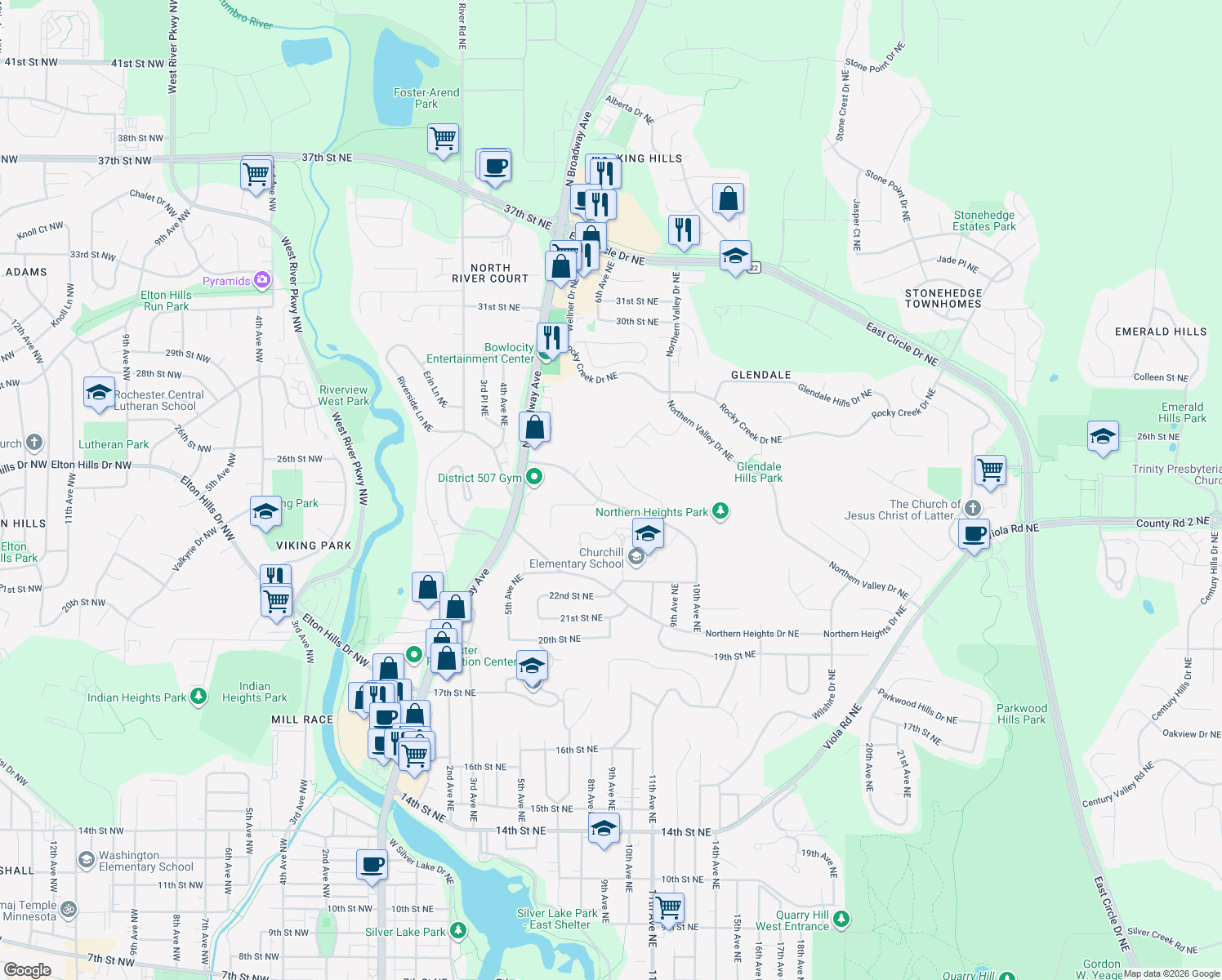 map of restaurants, bars, coffee shops, grocery stores, and more near 2510 Northern Hills Court Northeast in Rochester