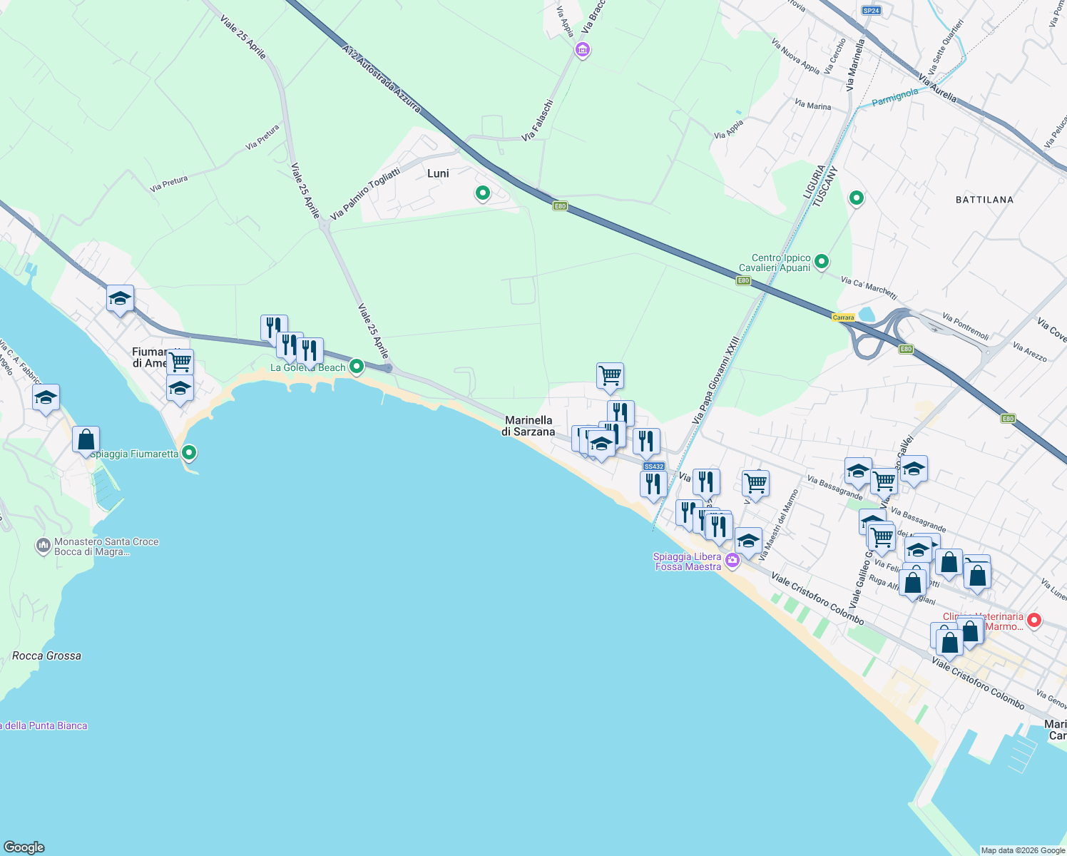 map of restaurants, bars, coffee shops, grocery stores, and more near in Provincia della Spezia
