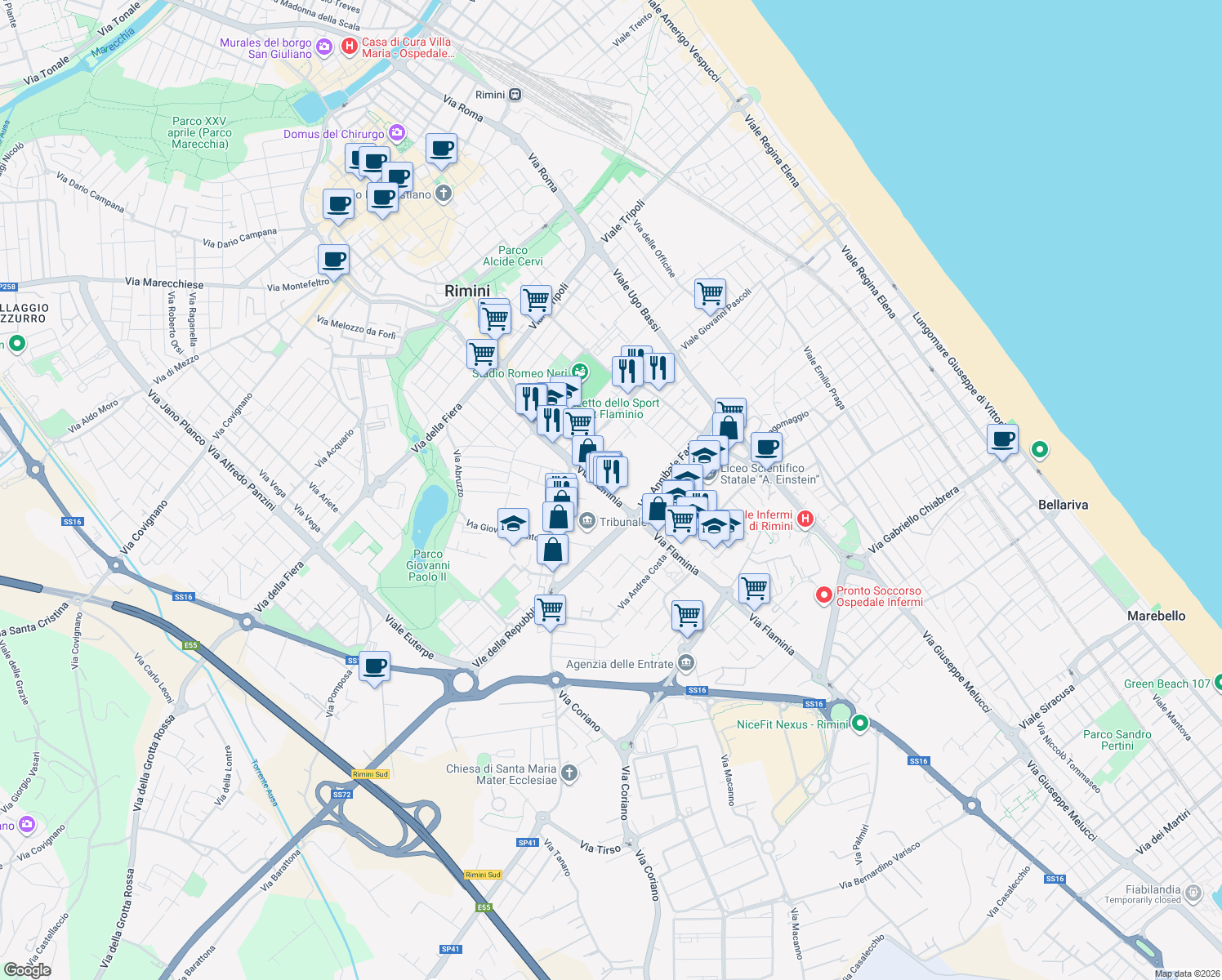map of restaurants, bars, coffee shops, grocery stores, and more near 66 Via Flaminia in Rimini