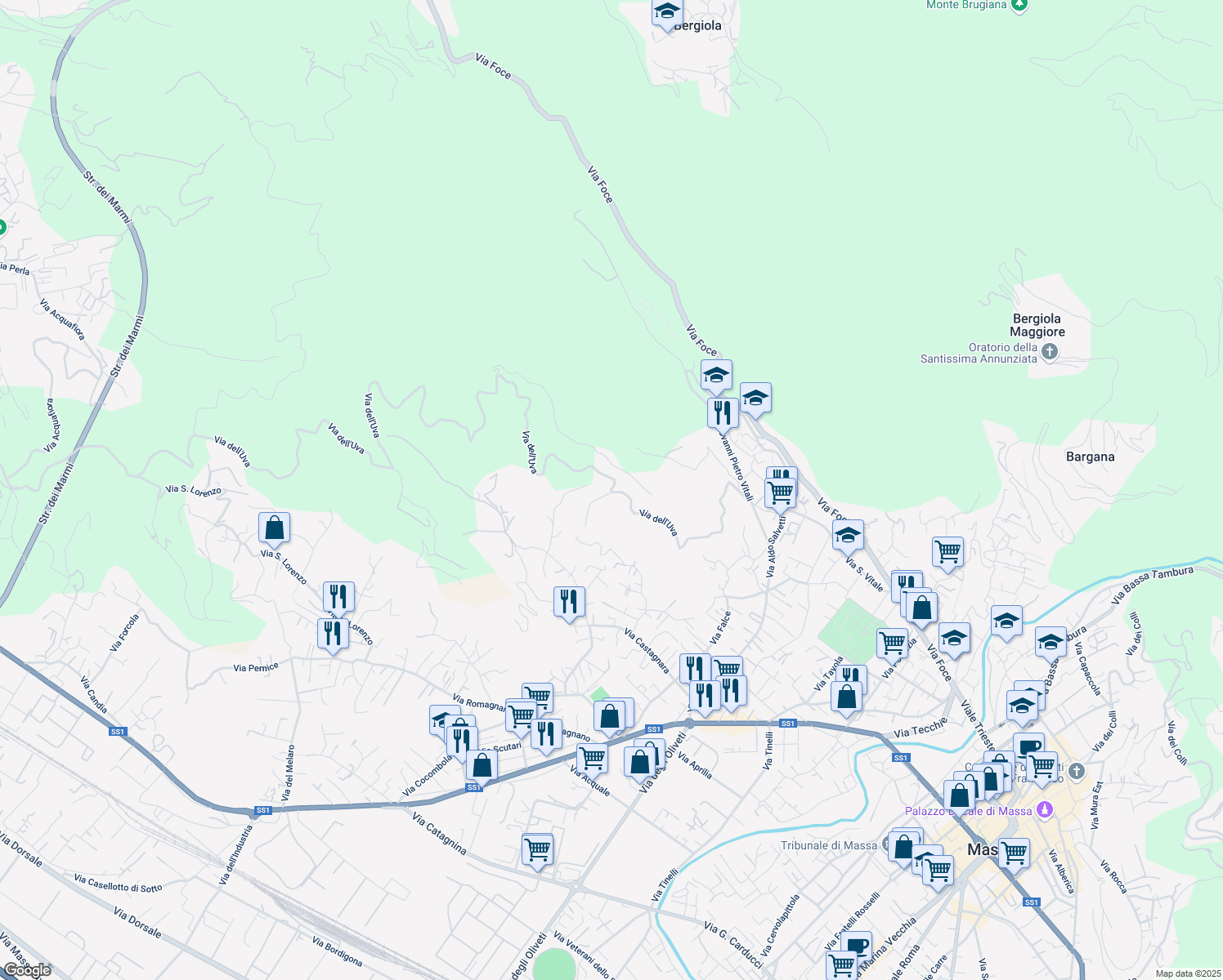 map of restaurants, bars, coffee shops, grocery stores, and more near 10 Via dell'Uva in Massa