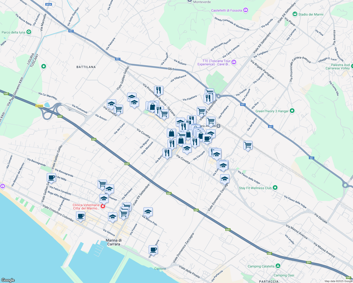map of restaurants, bars, coffee shops, grocery stores, and more near 12 Via Fiaschi Vico in Carrara