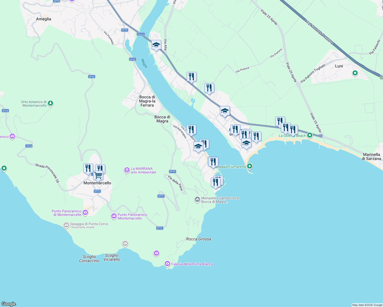 map of restaurants, bars, coffee shops, grocery stores, and more near 17 Via Sans Facon in Bocca di Magra