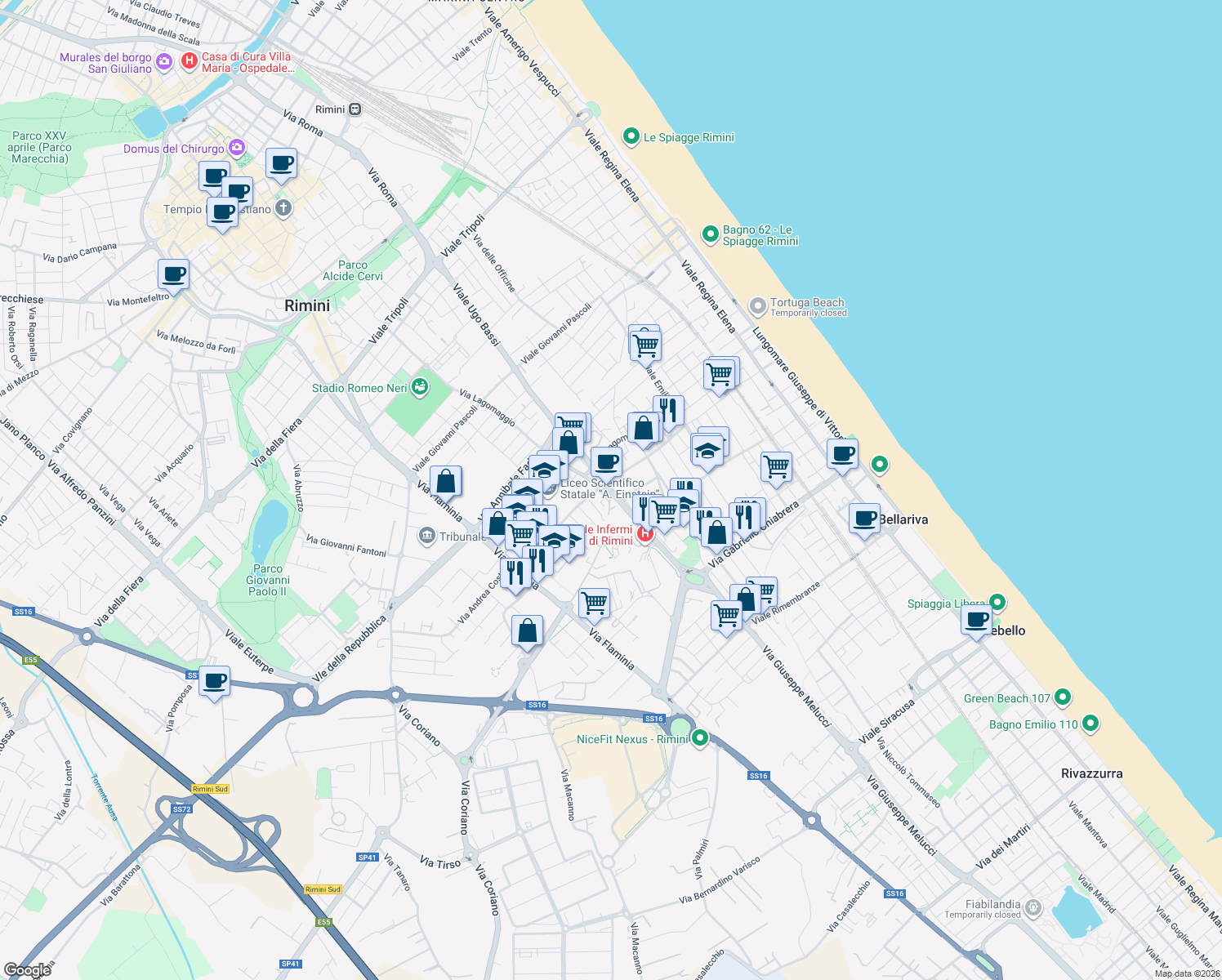 map of restaurants, bars, coffee shops, grocery stores, and more near 4 Viale Luigi Settembrini in Rimini