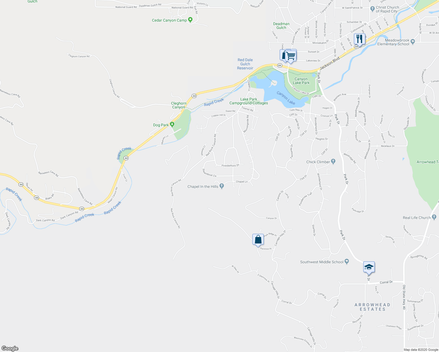 map of restaurants, bars, coffee shops, grocery stores, and more near Steamboat Circle in Rapid City