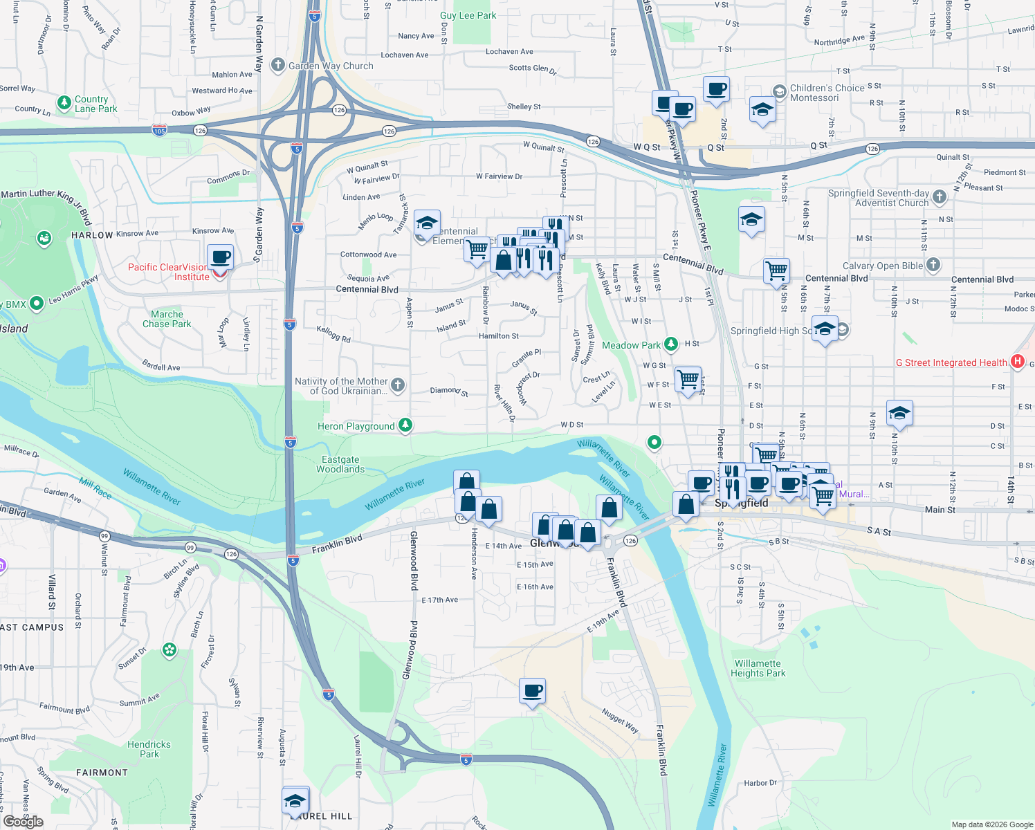 map of restaurants, bars, coffee shops, grocery stores, and more near 575 River Hills Drive in Springfield