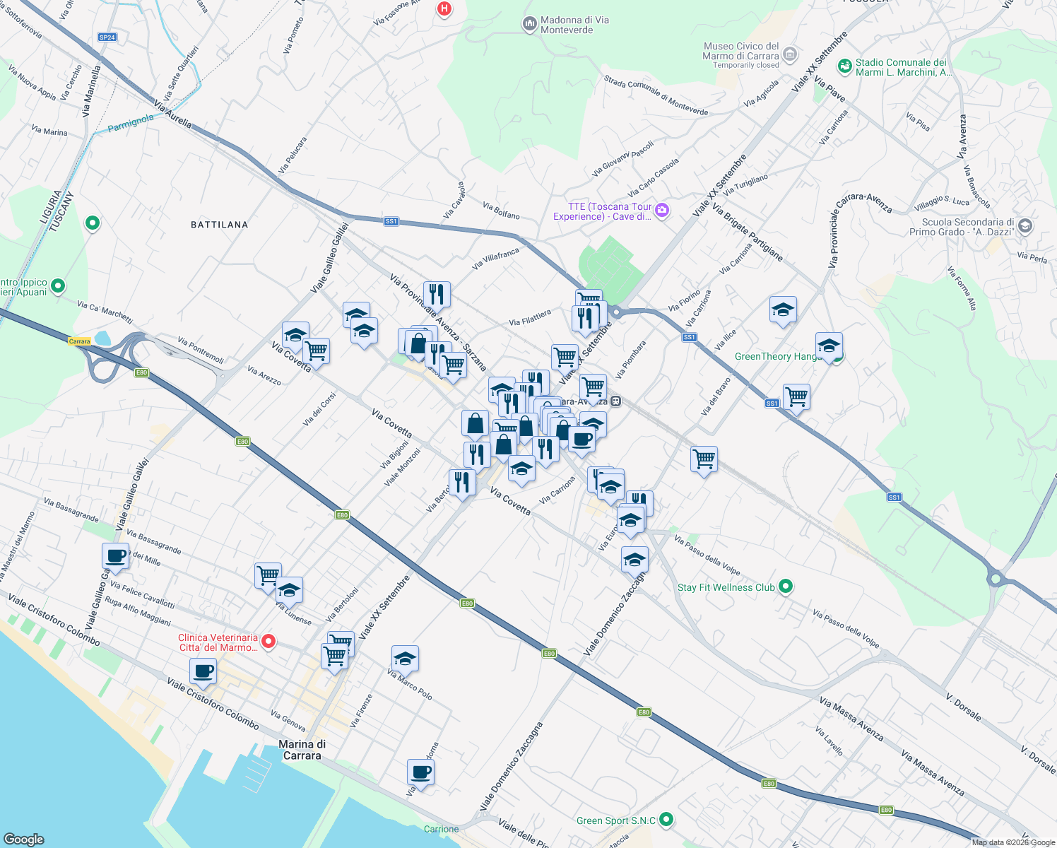 map of restaurants, bars, coffee shops, grocery stores, and more near 203A Viale XX Settembre in Carrara