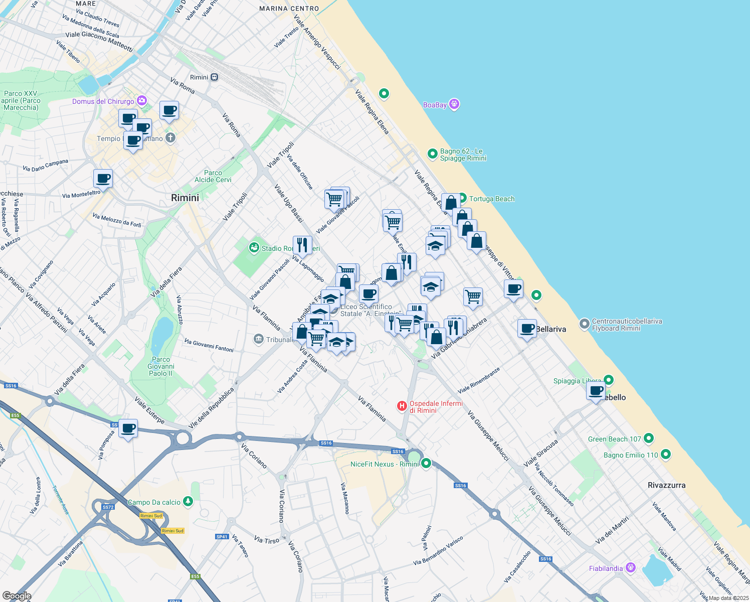 map of restaurants, bars, coffee shops, grocery stores, and more near 1 Via Corrado Ricci in Rimini